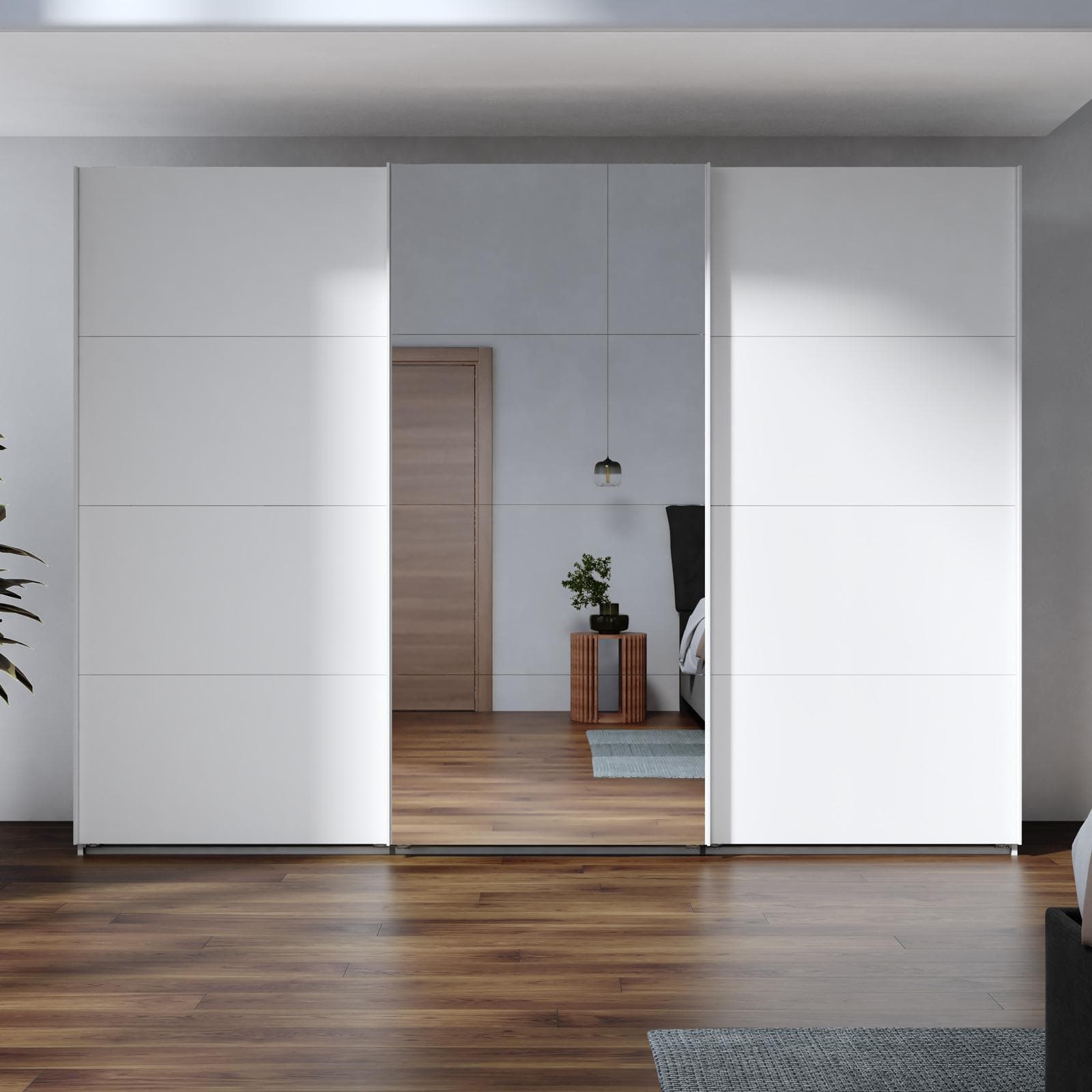 Armadio 300x223h cm con tre ante scorrevoli bianco opaco e specchio - Alen