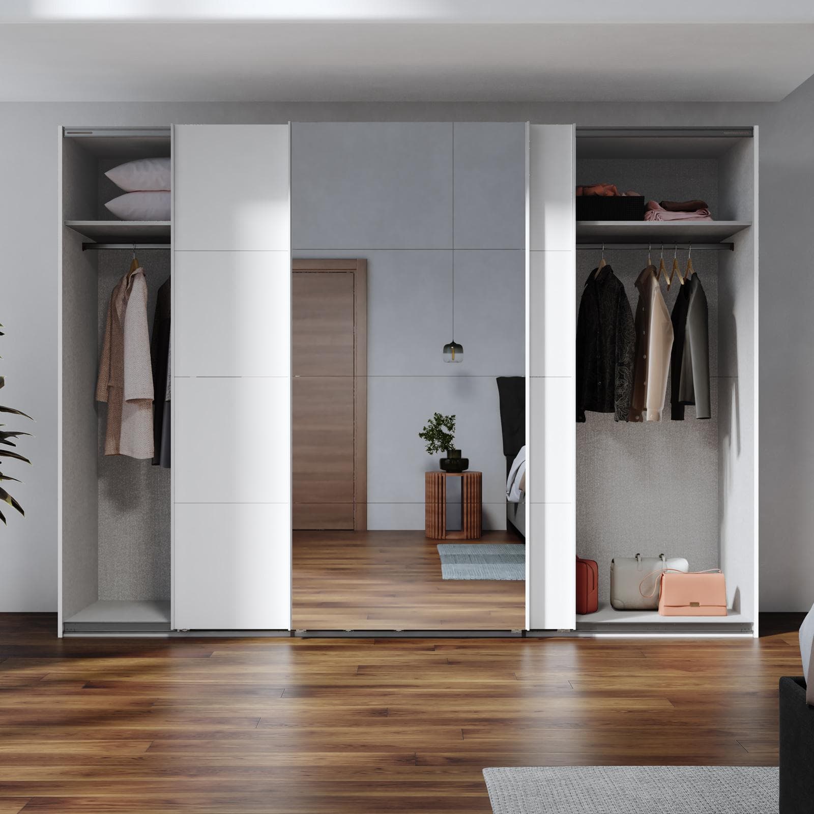 Armadio 300x223h cm con tre ante scorrevoli bianco opaco e specchio - Alen