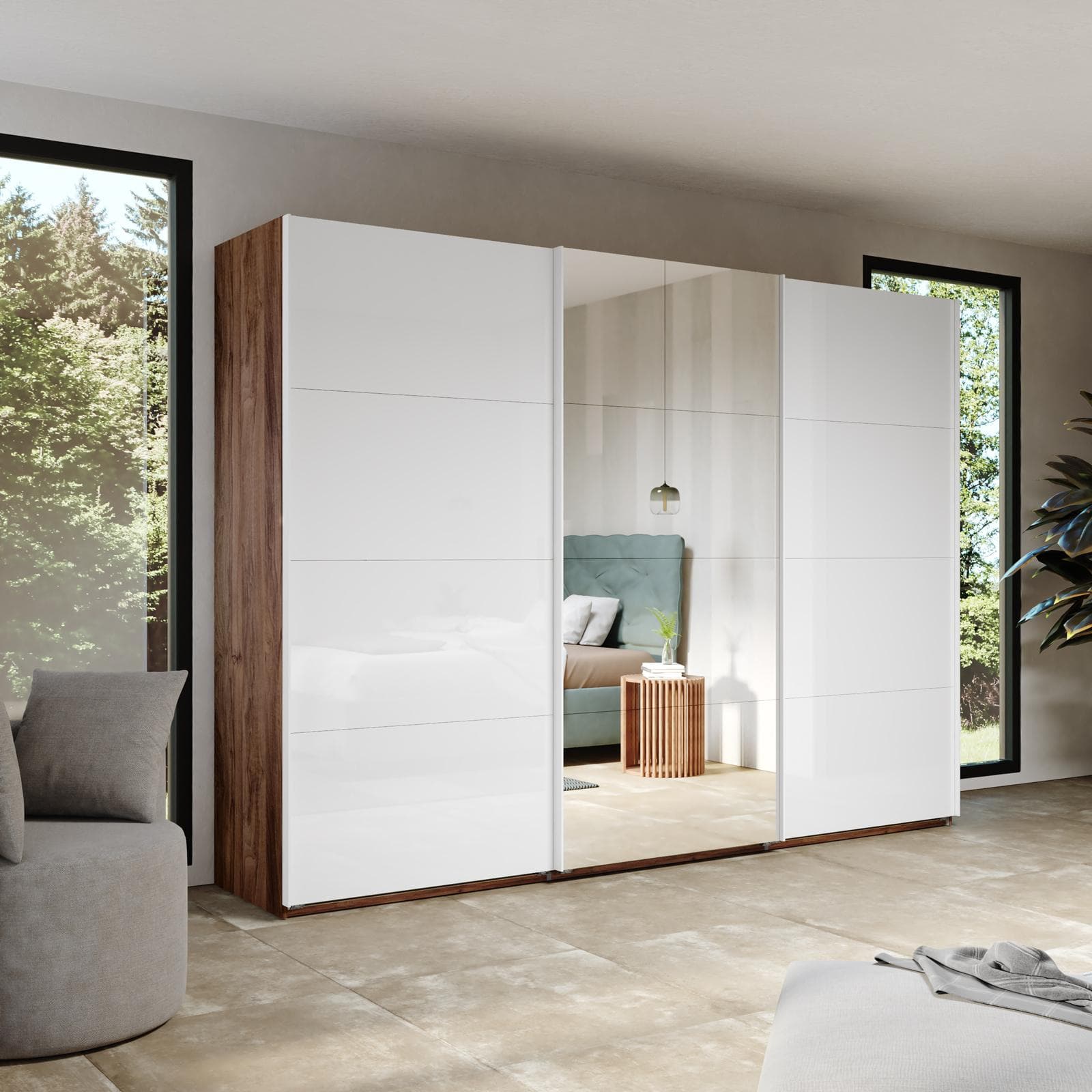 Armadio 300x223h cm noce brera con tre ante scorrevoli bianco lucido e specchio - Alen