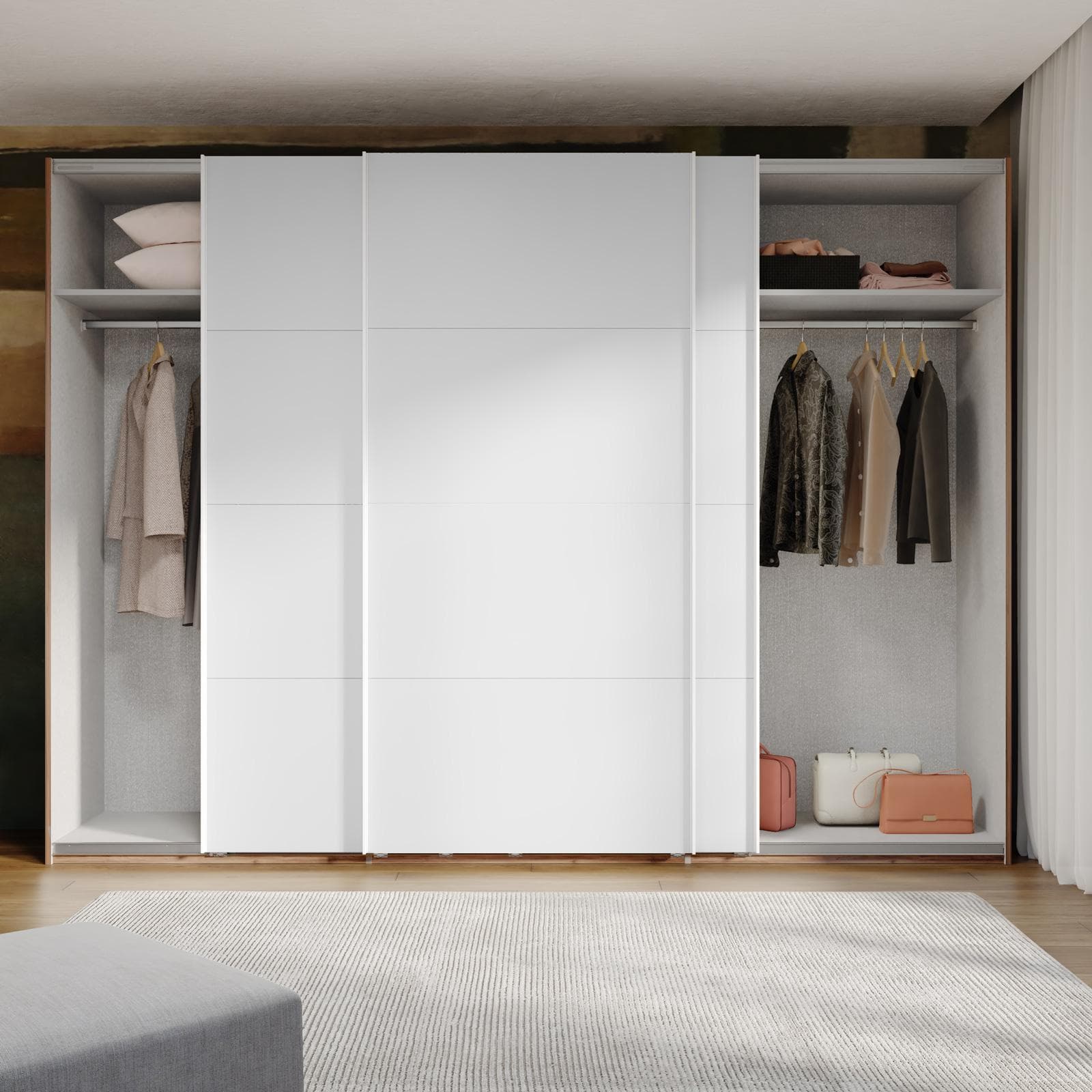 Armadio 300x223h cm noce brera con tre ante scorrevoli bianco opaco - Alen