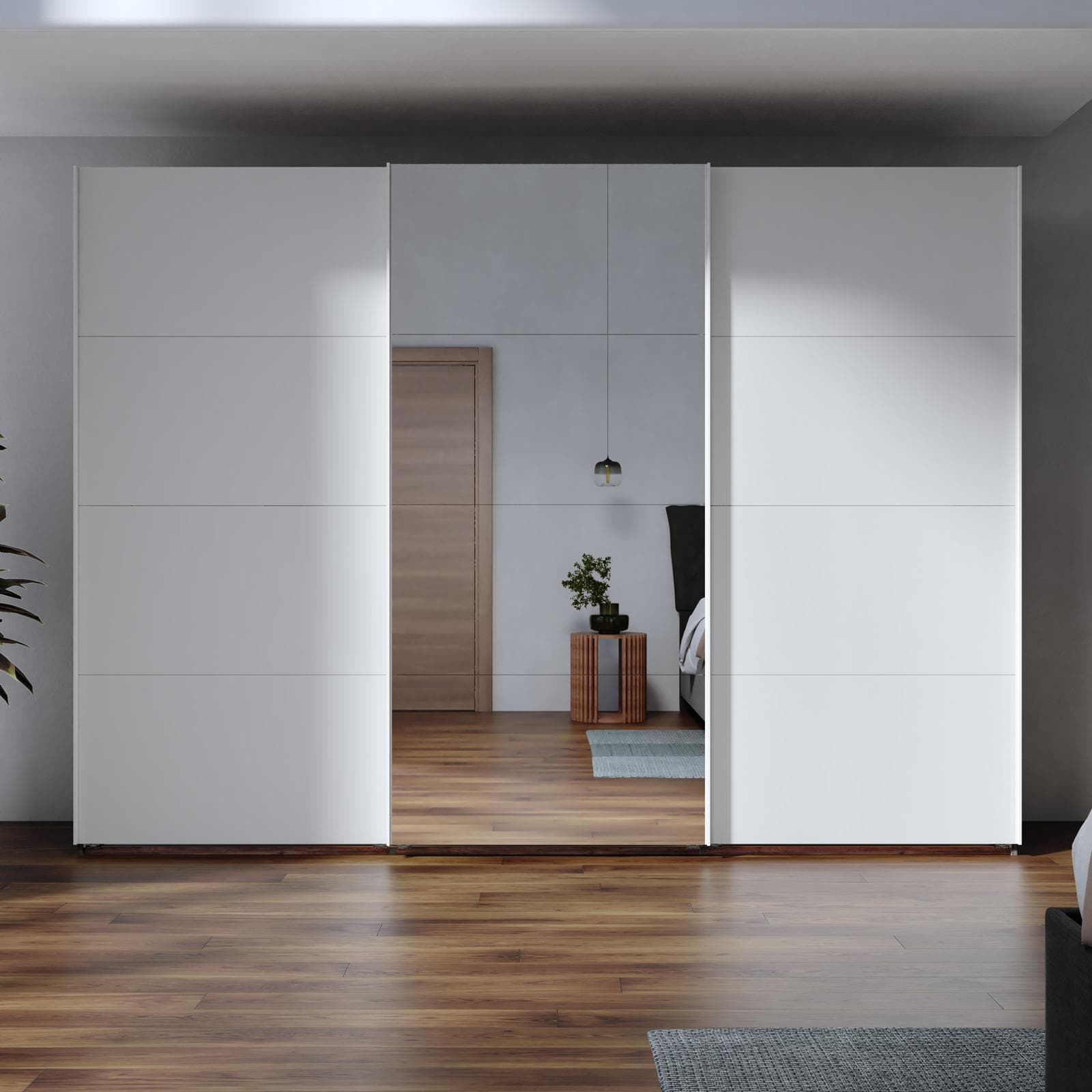 Armadio 300x223h cm noce brera con tre ante scorrevoli bianco opaco e specchio - Alen