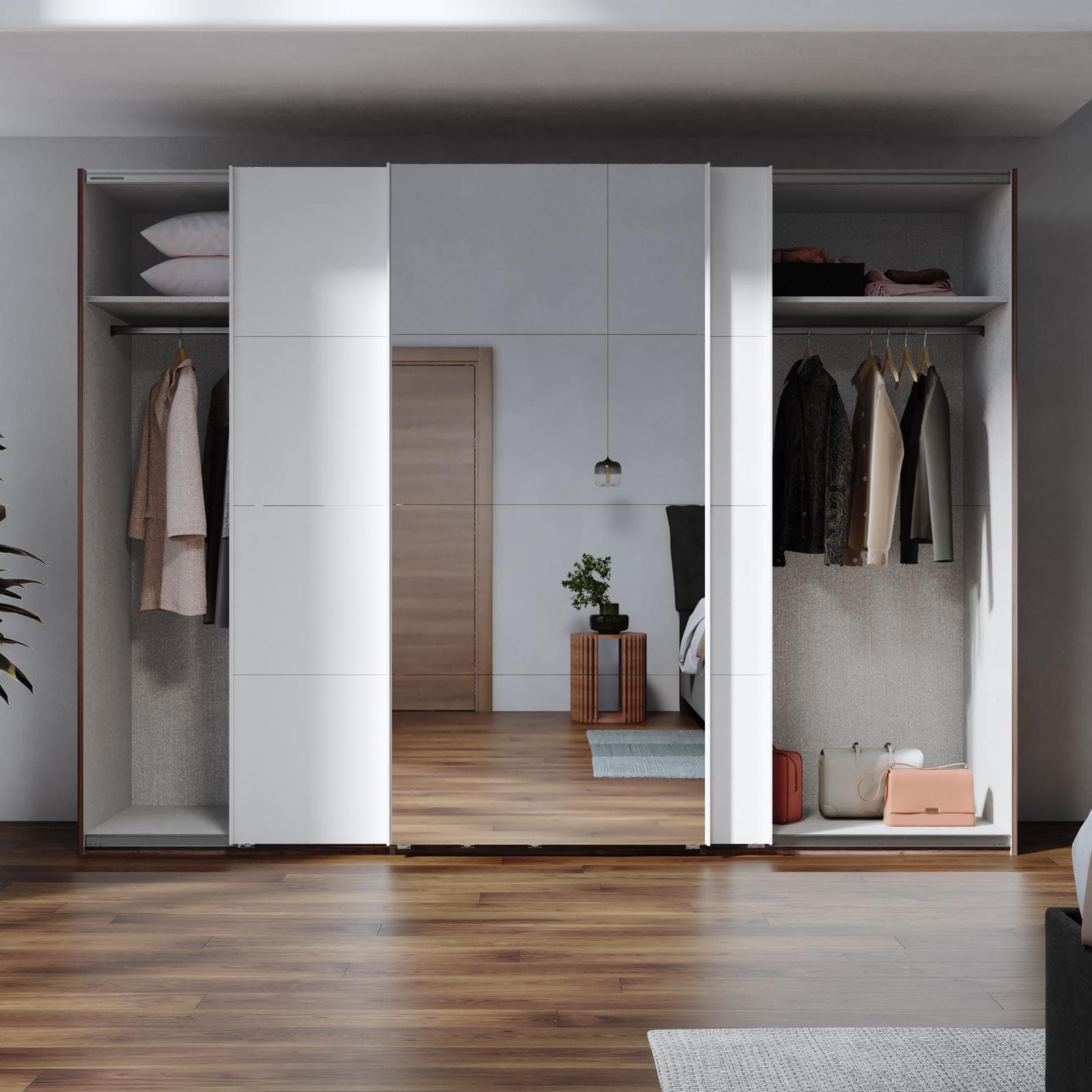 Armadio 300x223h cm noce brera con tre ante scorrevoli bianco opaco e specchio - Alen