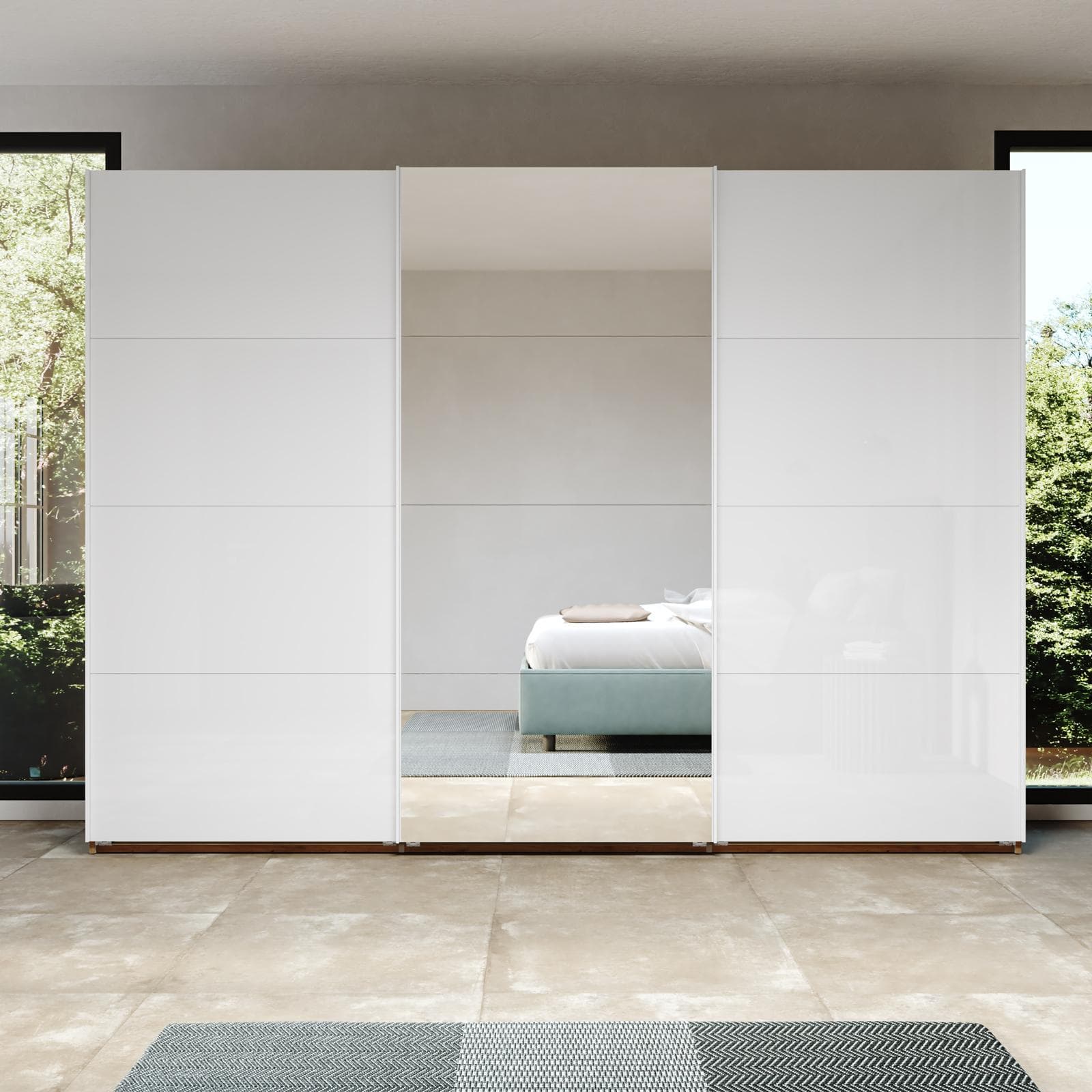 Armadio 300x223h cm rovere artisan con tre ante scorrevoli bianco lucido e specchio - Alen