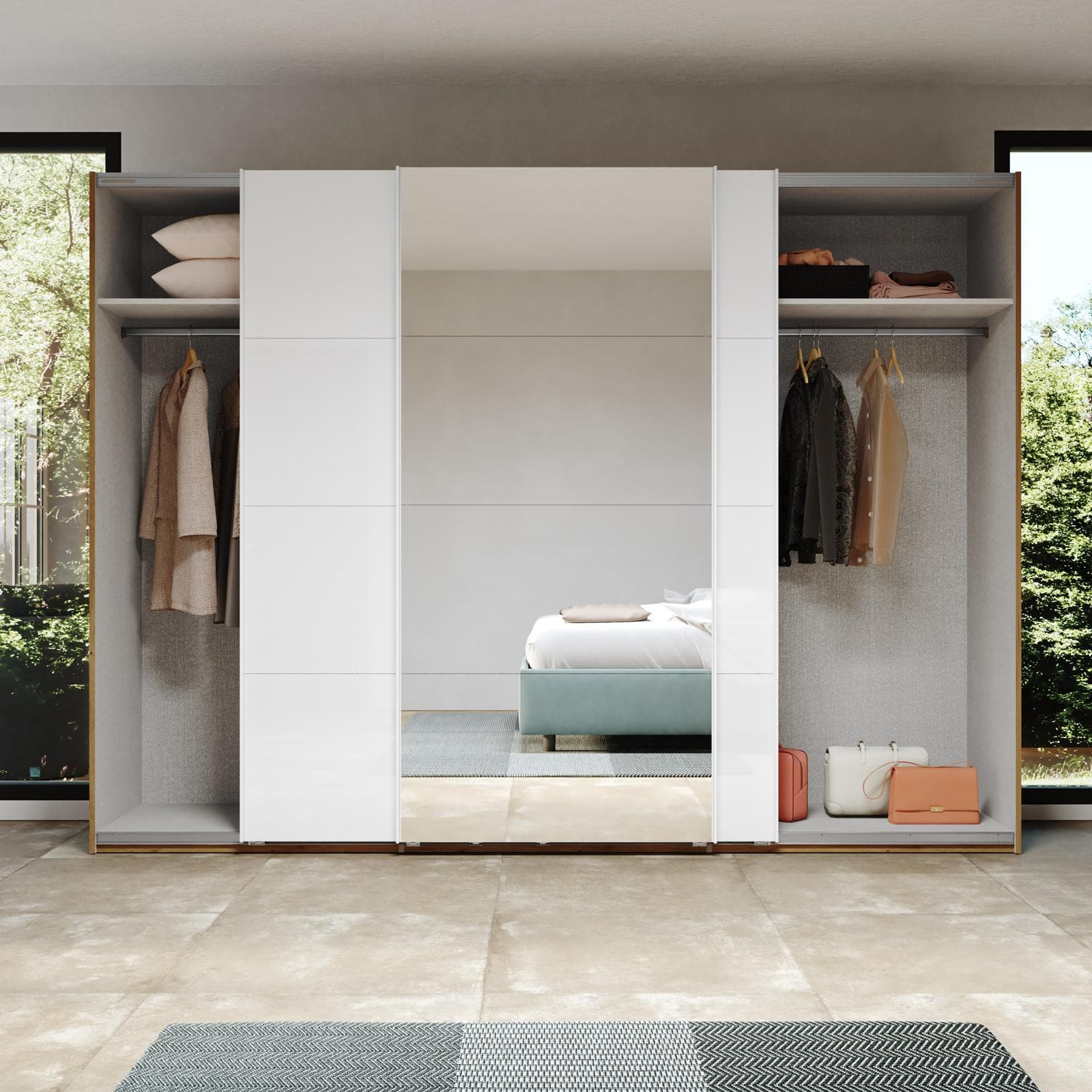 Armadio 300x223h cm rovere artisan con tre ante scorrevoli bianco lucido e specchio - Alen
