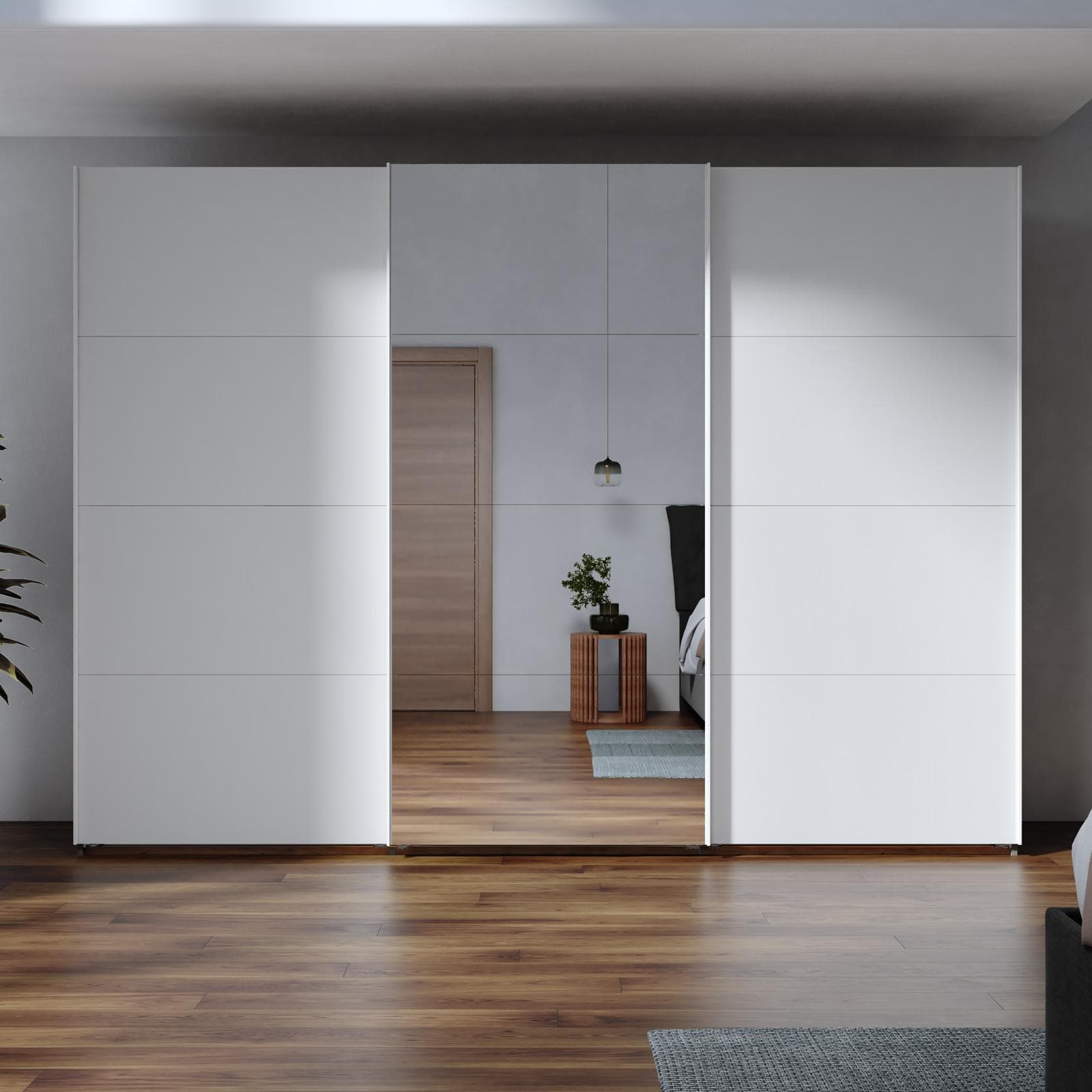 Armadio 300x223h cm rovere artisan con tre ante scorrevoli bianco opaco e specchio - Alen