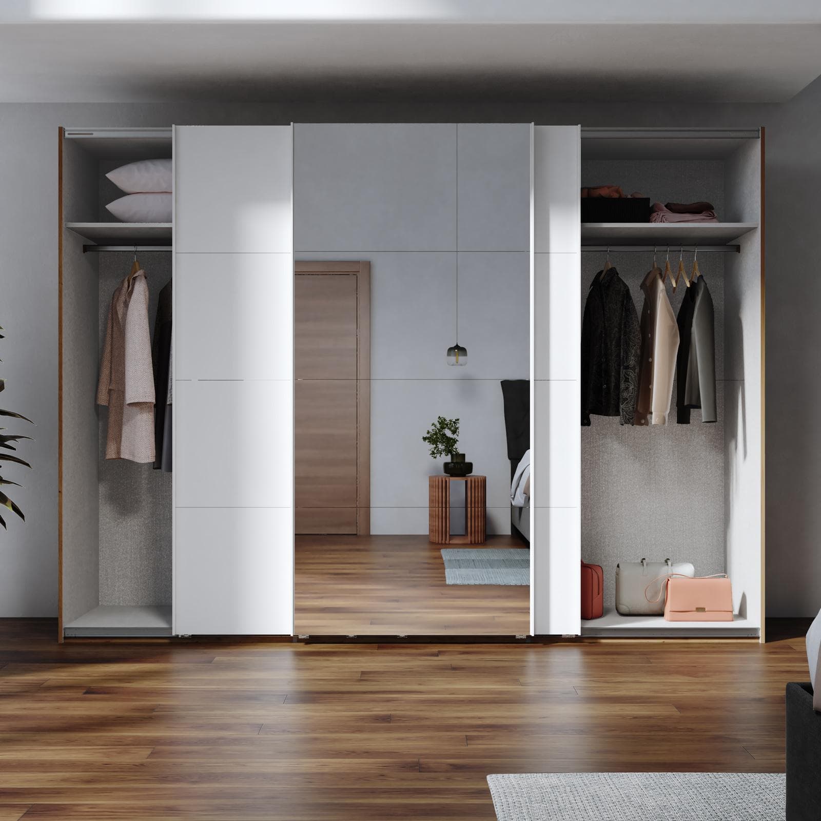 Armadio 300x223h cm rovere artisan con tre ante scorrevoli bianco opaco e specchio - Alen