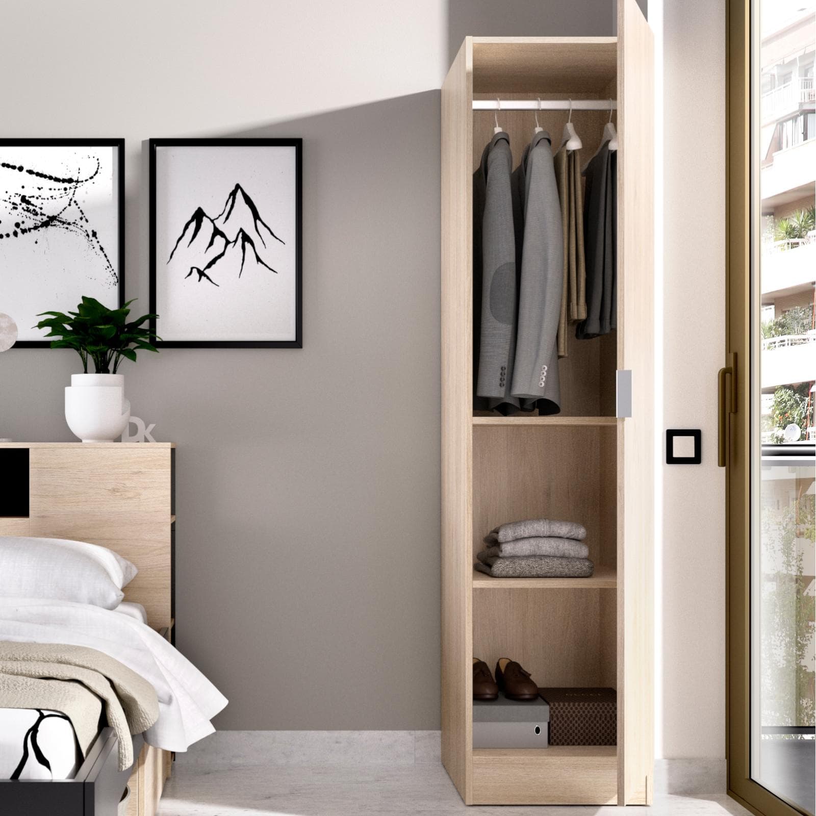 Armadio 41x184 h cm con barra appendiabiti e anta in legno rovere naturale - Axel