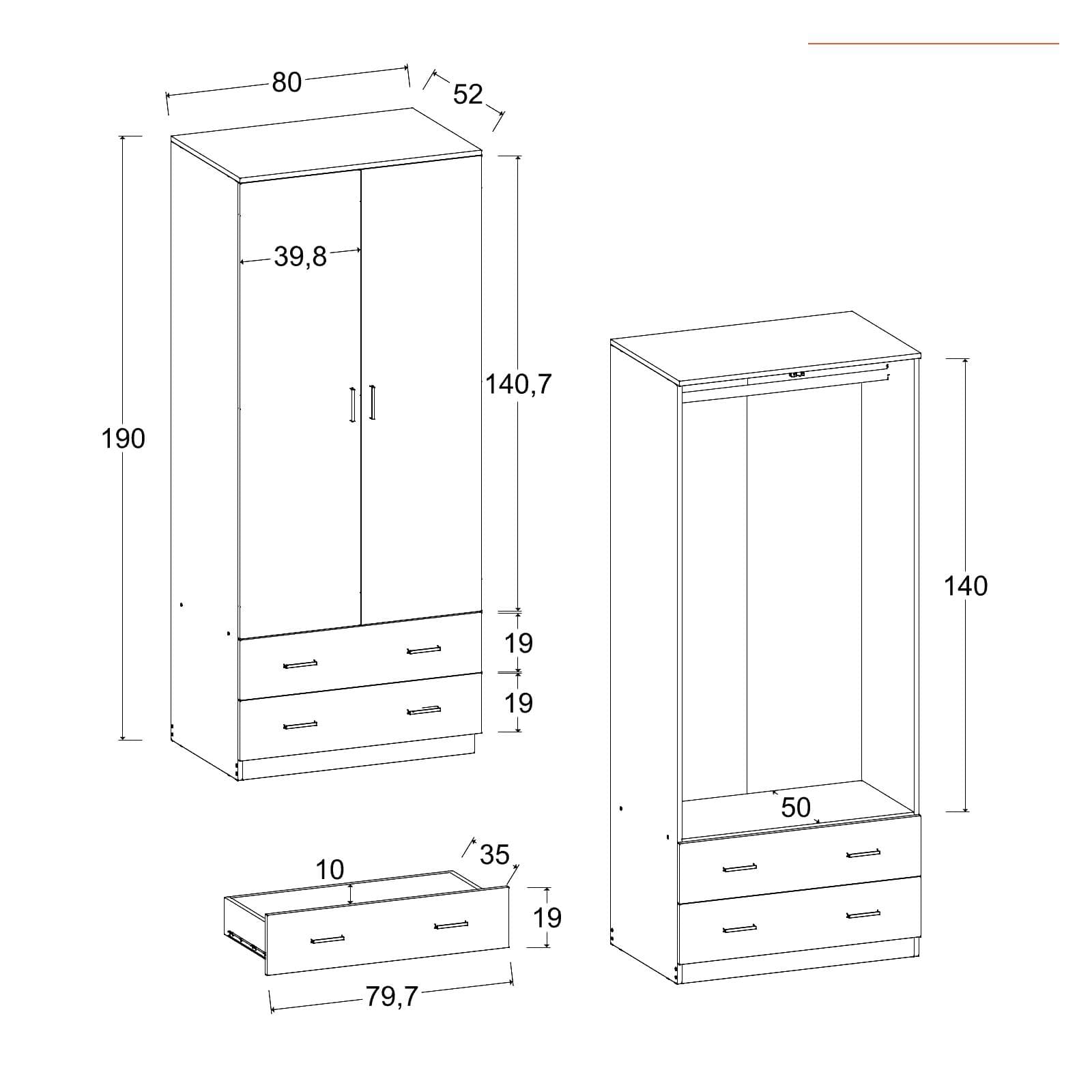 Armadio 80x190h cm con 2 ante battenti e 2 cassetti bianco - Axel
