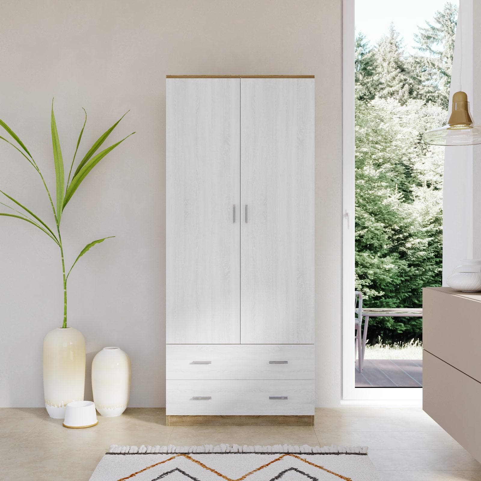 Armadio 80x190h cm con 2 ante battenti e 2 cassetti bianco frassino e rovere - Axel