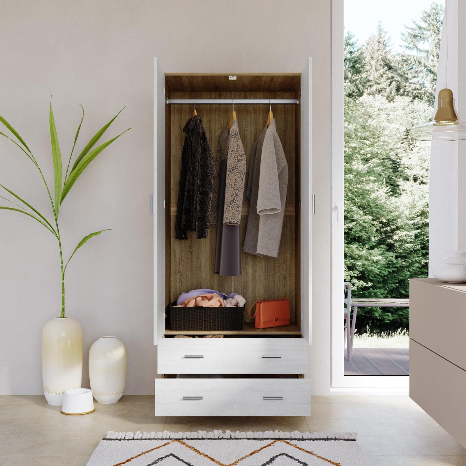 Armadio 80x190h cm con 2 ante battenti e 2 cassetti bianco frassino e rovere - Axel