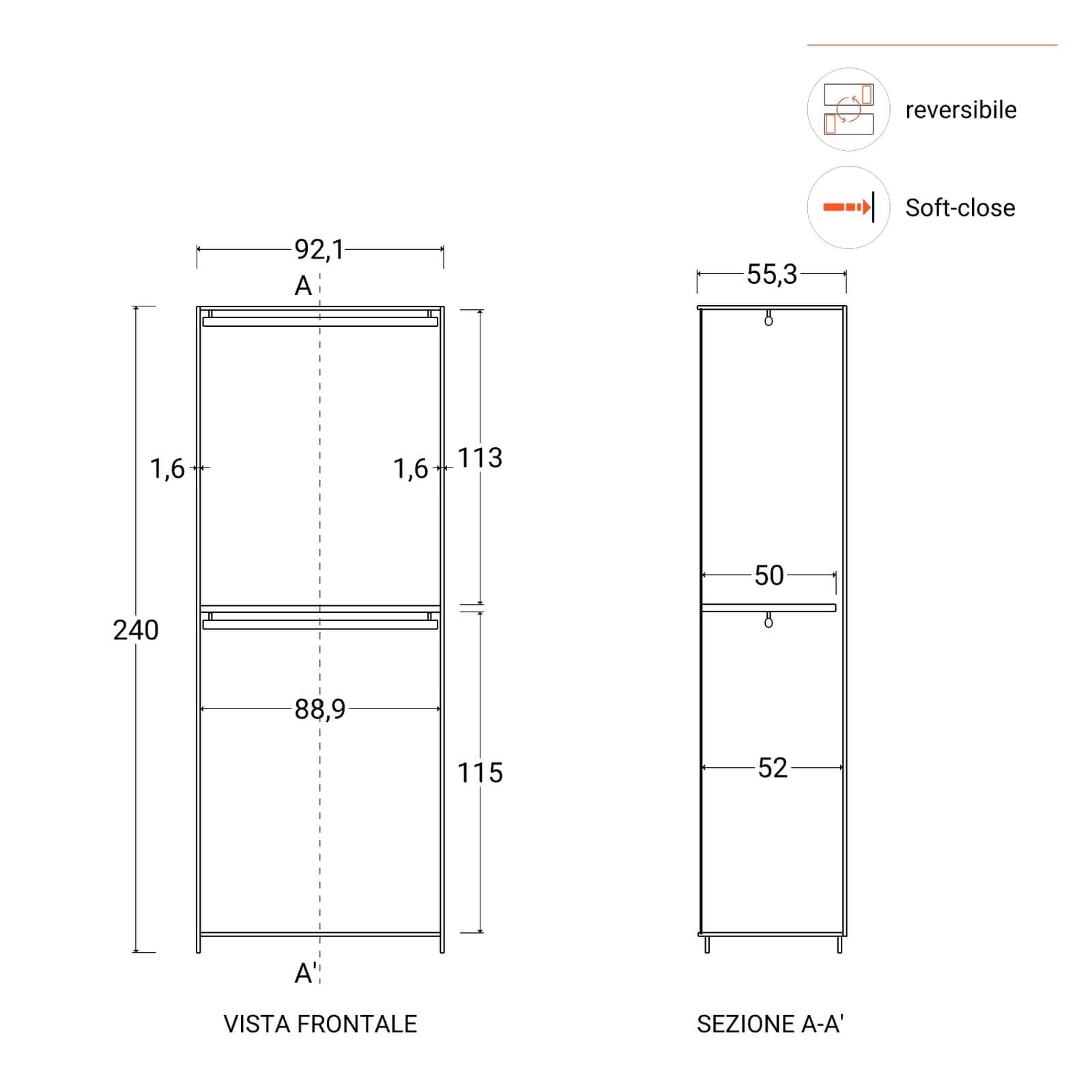 Armadio battente 92x240h cm 2 ante reversibili con soft close bianco lucido - Cindy