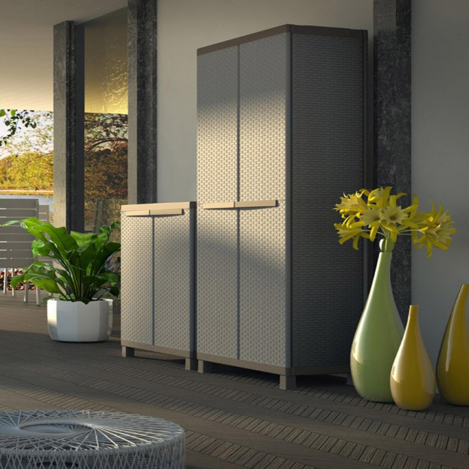 Armadio 68x170h cm per giardino effetto rattan con doppia anta porta scope con 3 ripiani