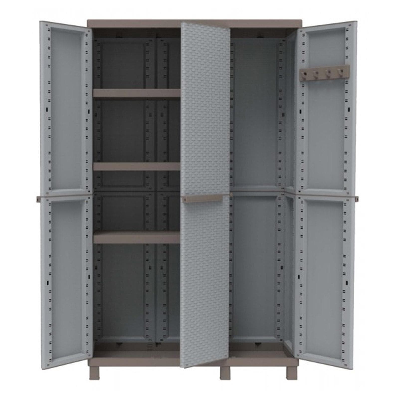 Armadio 102x170h cm per giardino effetto rattan con tripla anta portascope e ripiani