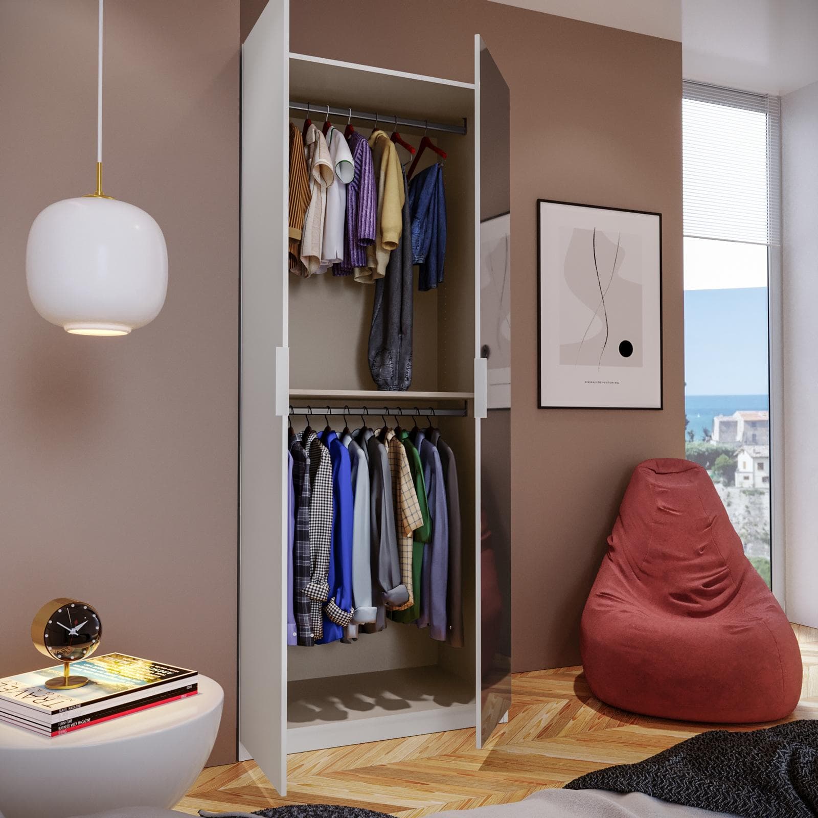 Armadio battente 100x236h cm bianco con 2 ante reversibili bianco e specchio - Ventur