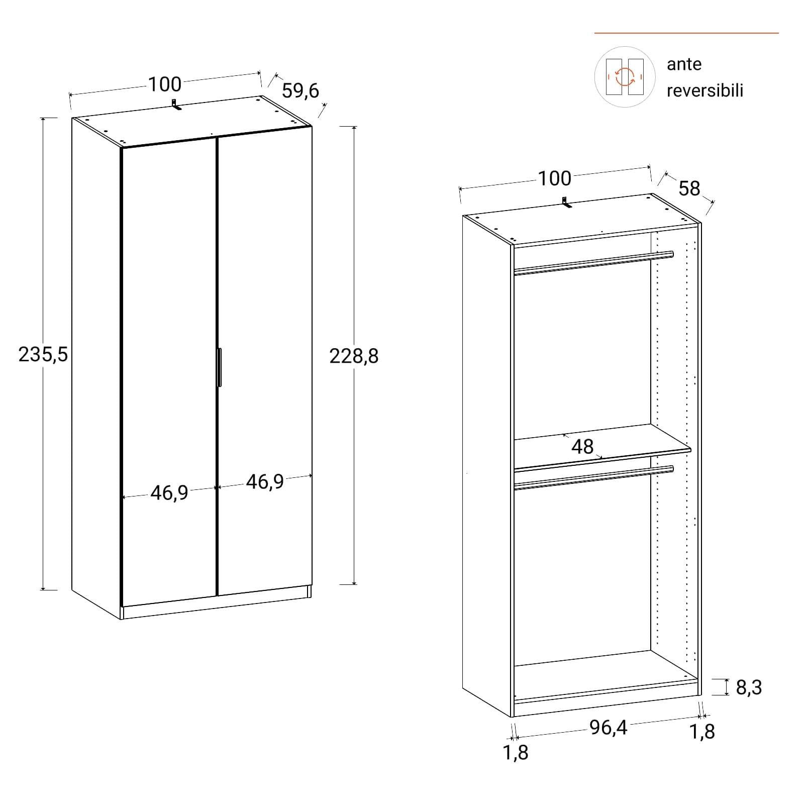 Armadio battente 100x236h cm bianco con 2 ante reversibili bianco - Ventur