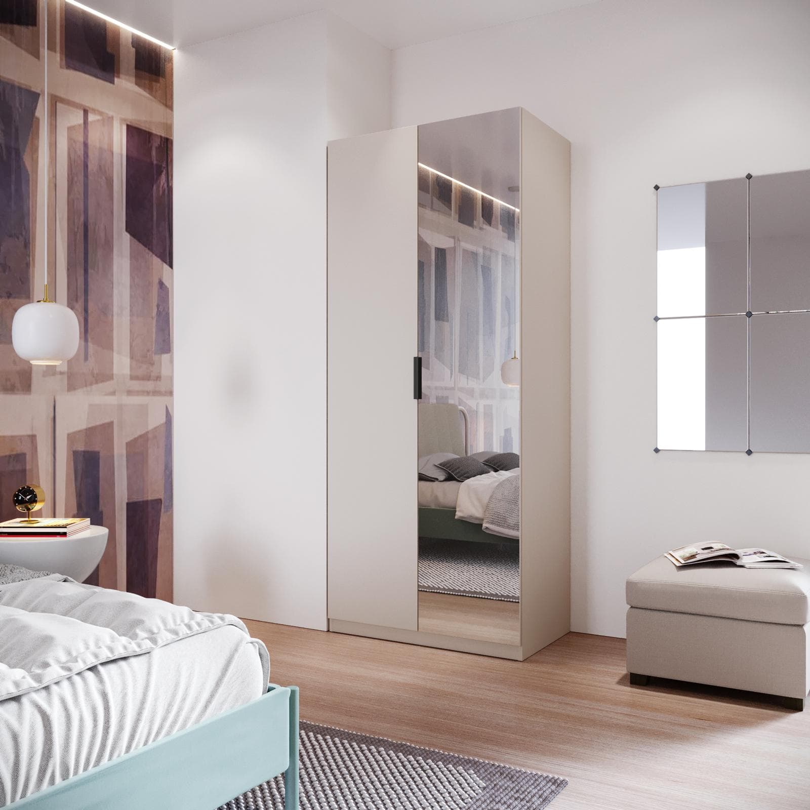 Armadio battente 100x236h cm cashmere con 2 ante reversibili cashmere e specchio - Ventur