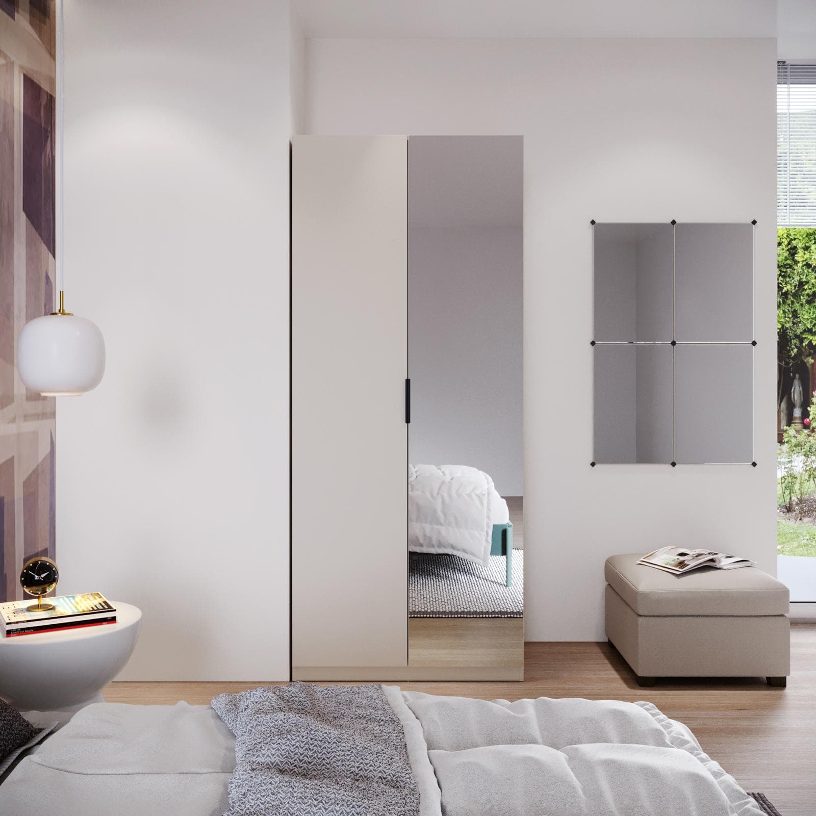 Armadio battente 100x236h cm cashmere con 2 ante reversibili cashmere e specchio - Ventur