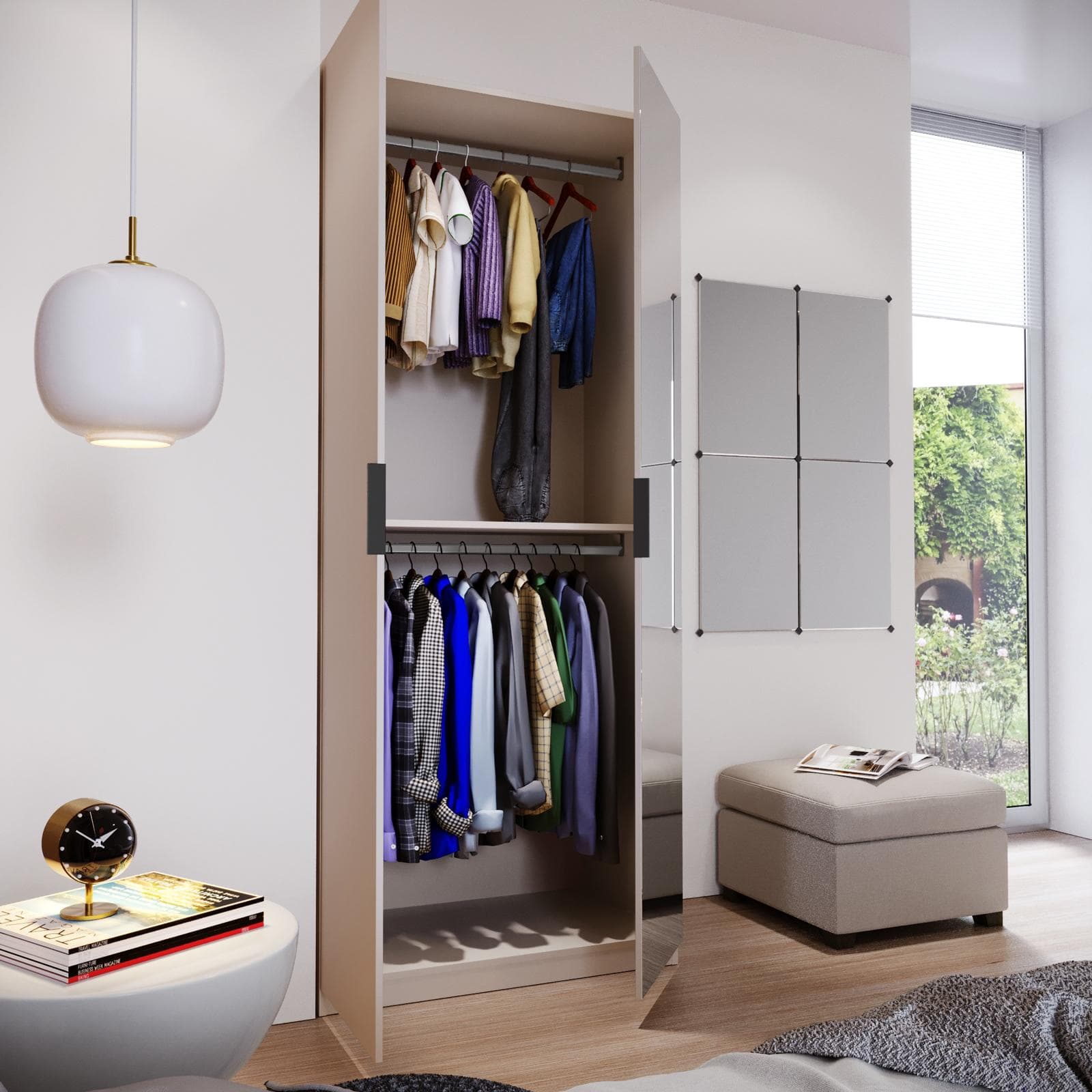 Armadio battente 100x236h cm cashmere con 2 ante reversibili cashmere e specchio - Ventur
