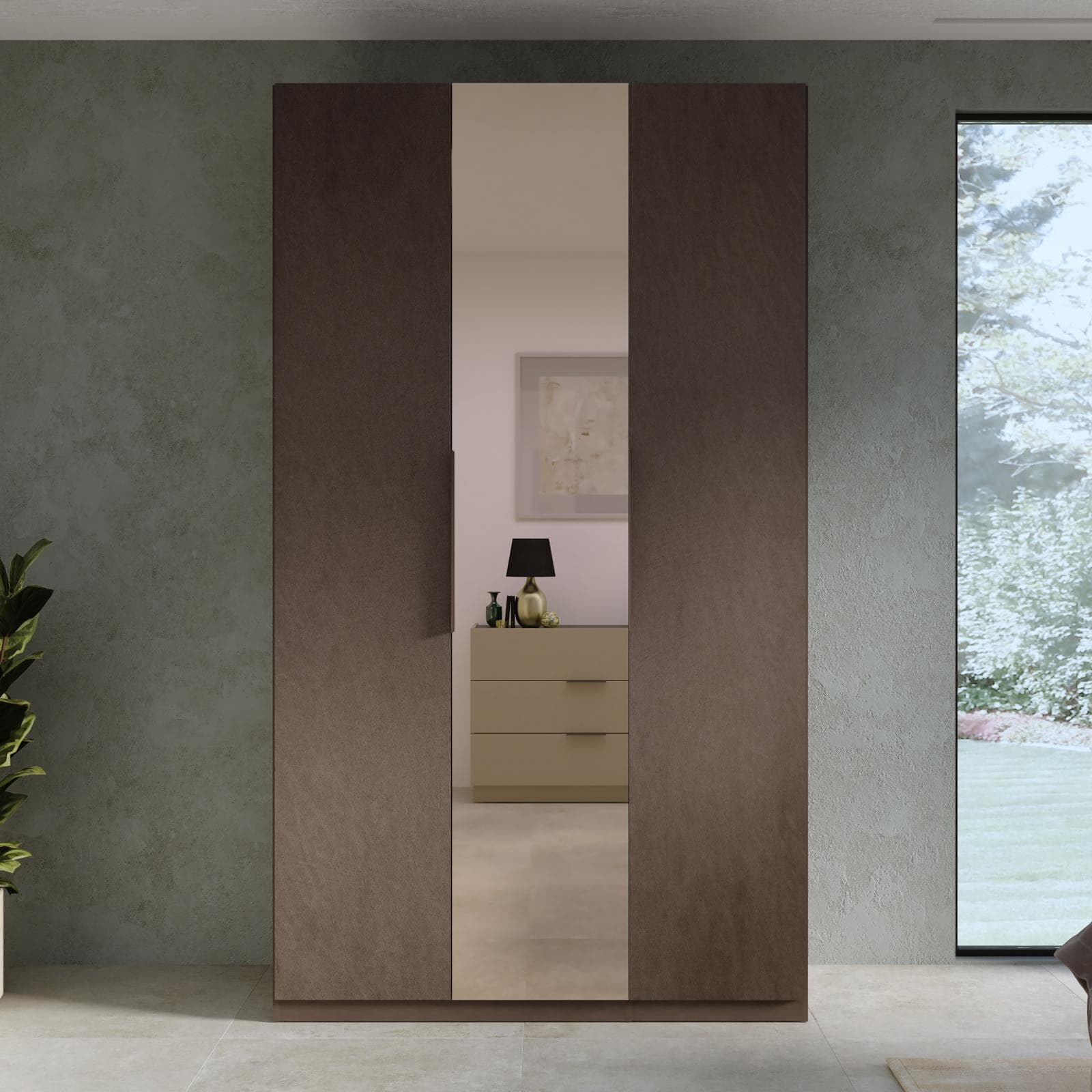 Armadio battente 137x240h cm 3 ante reversibili con 1 specchio bronzato e soft close bronzo - Codey