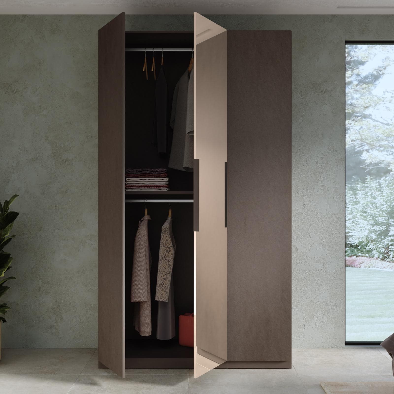 Armadio battente 137x240h cm 3 ante reversibili con 1 specchio bronzato e soft close bronzo - Codey