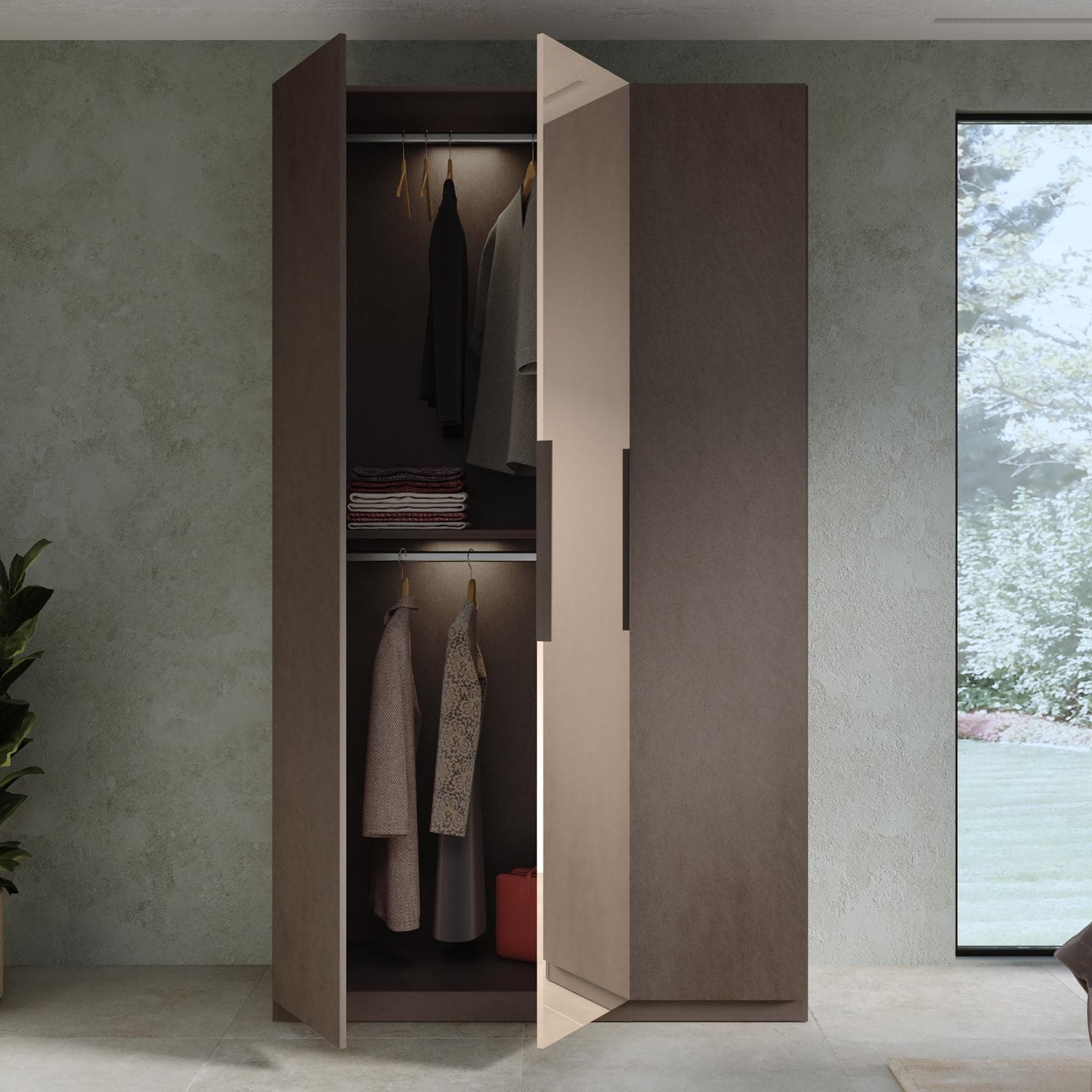 Armadio battente 137x240h cm 3 ante reversibili con 1 specchio bronzato e soft close bronzo - Codey