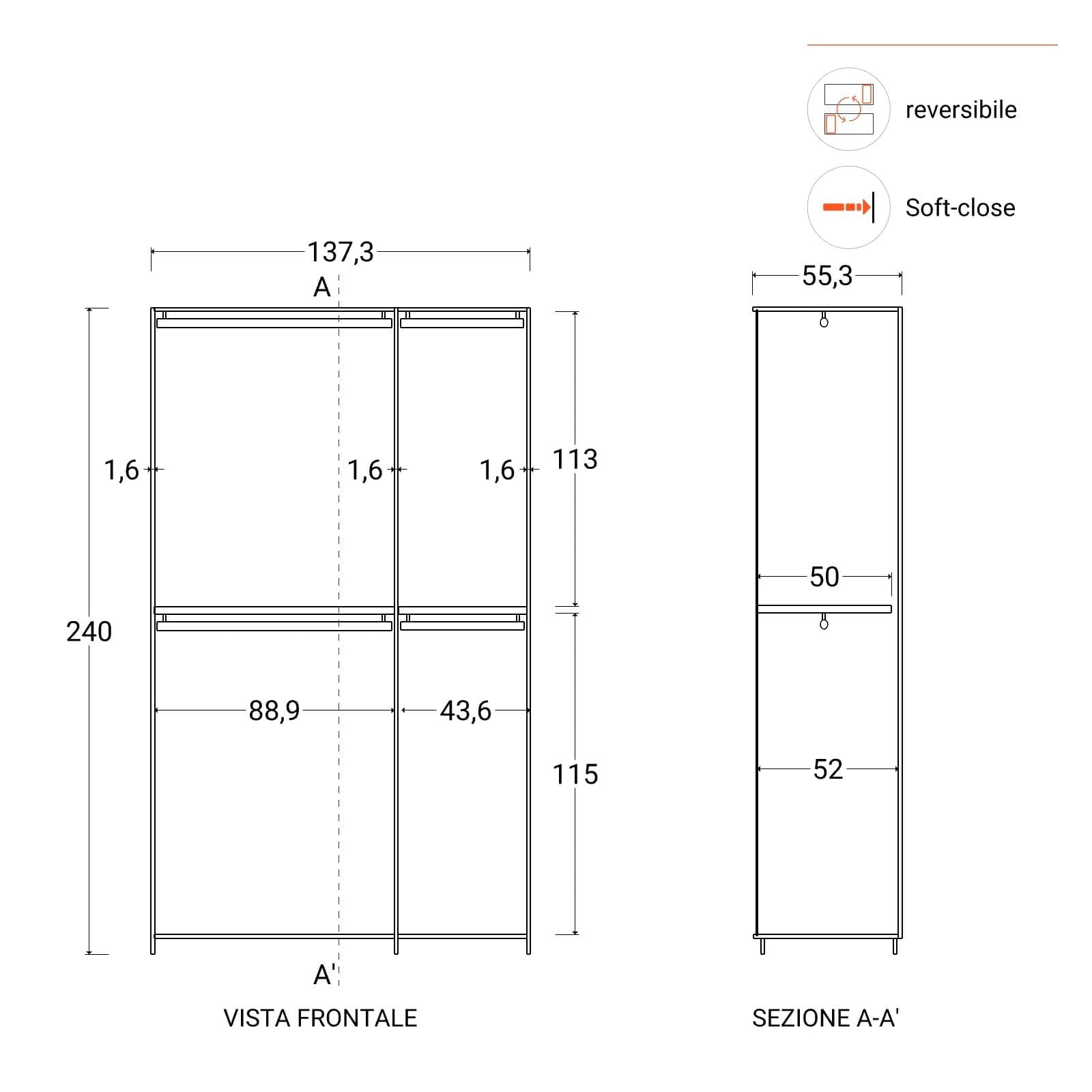 Armadio battente 137x240h cm 3 ante reversibili con soft close bronzo - Codey