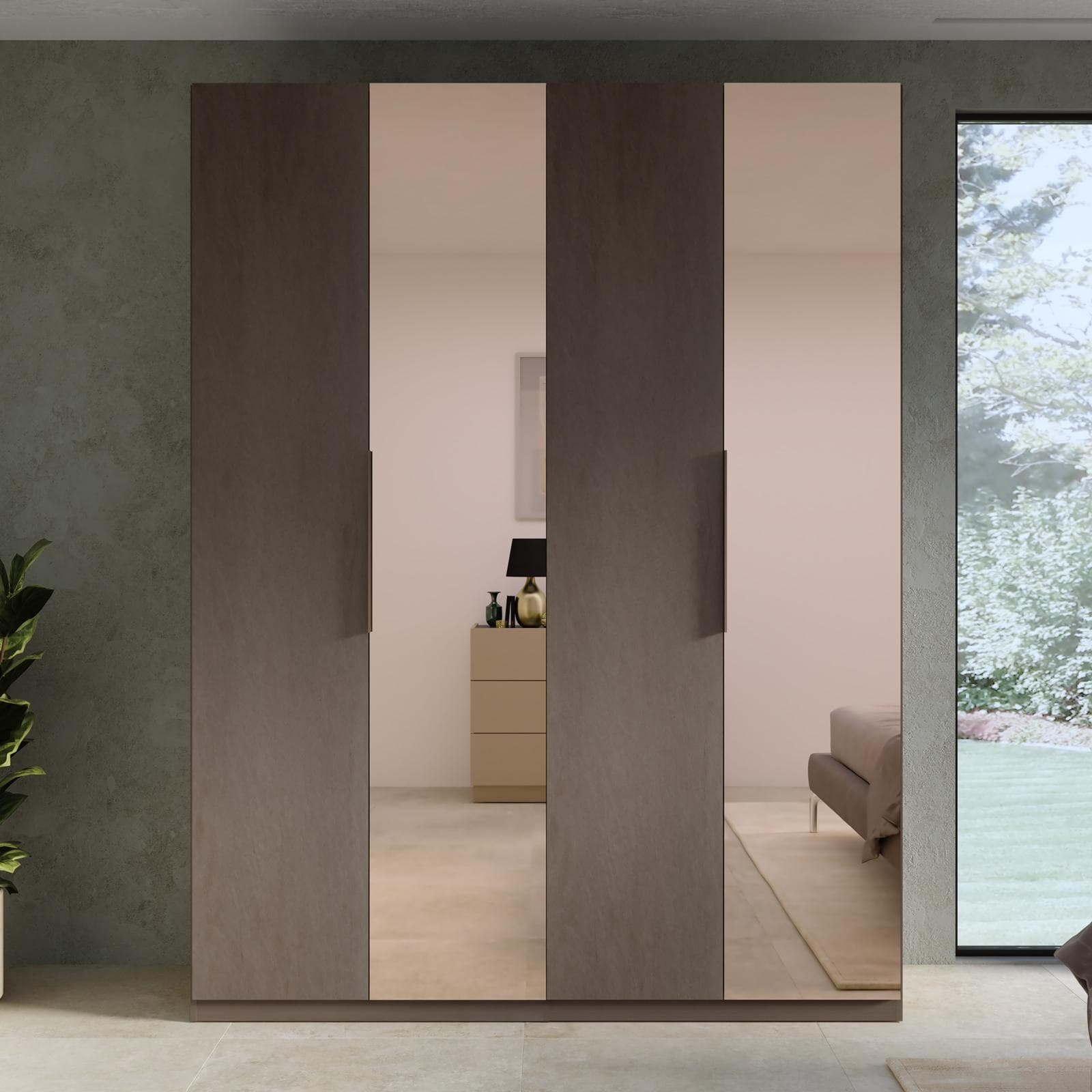 Armadio battente 183x240h cm 4 ante reversibili con 2 specchi bronzati e soft close bronzo - Codey