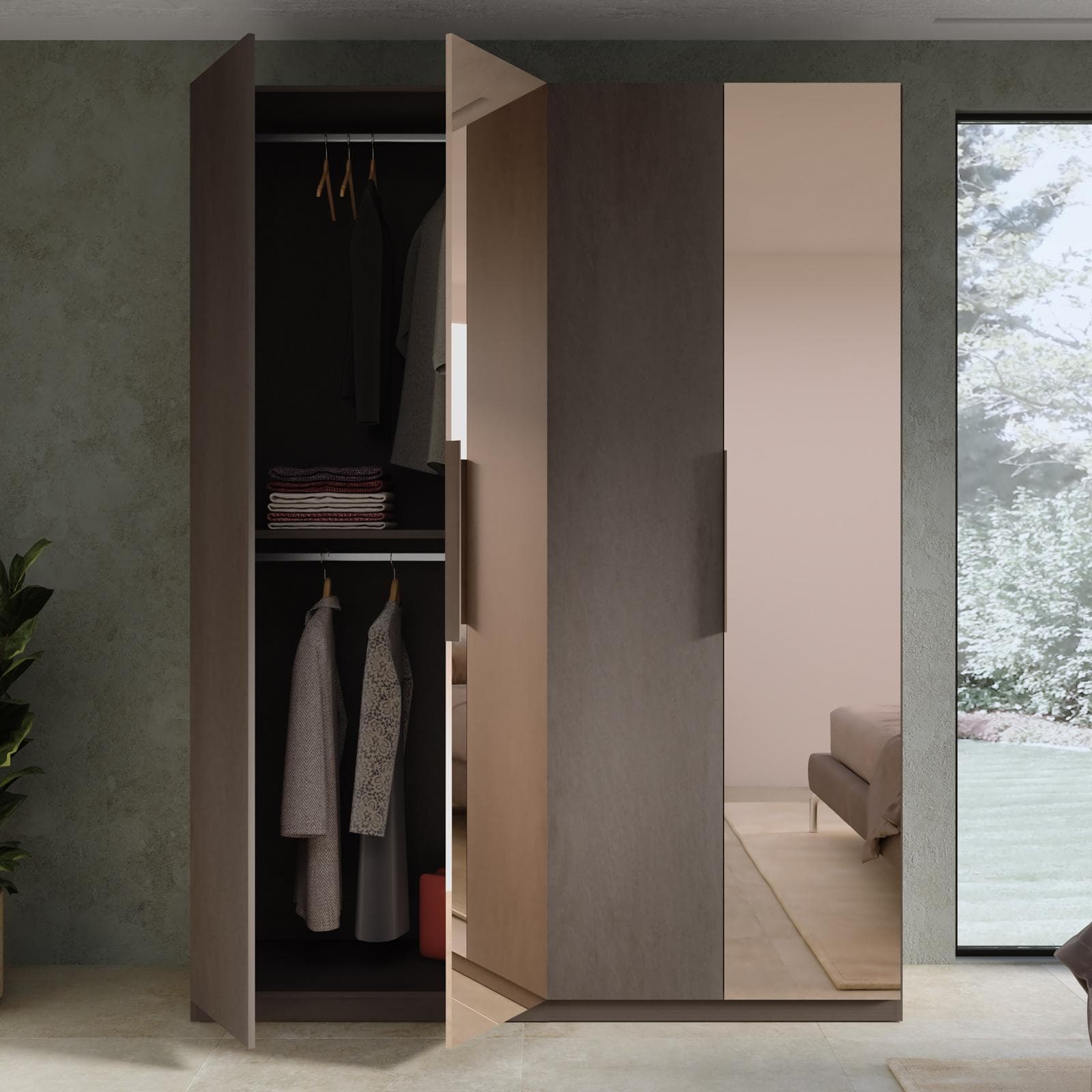 Armadio battente 183x240h cm 4 ante reversibili con 2 specchi bronzati e soft close bronzo - Codey