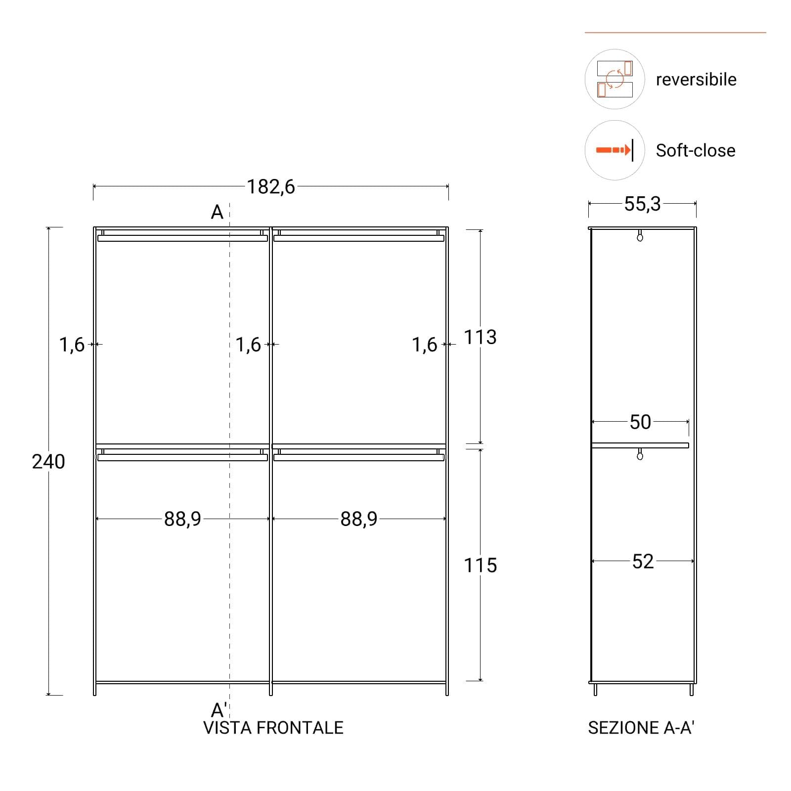 Armadio battente 183x240h cm 4 ante reversibili con 2 specchi bronzati e soft close bronzo - Codey