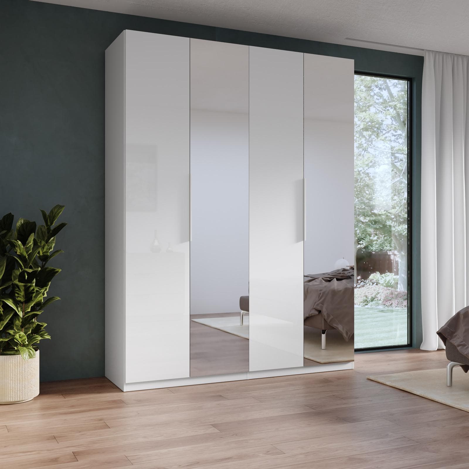 Armadio battente 183x240h cm 4 ante reversibili con 2 specchi e soft close bianco lucido - Cindy