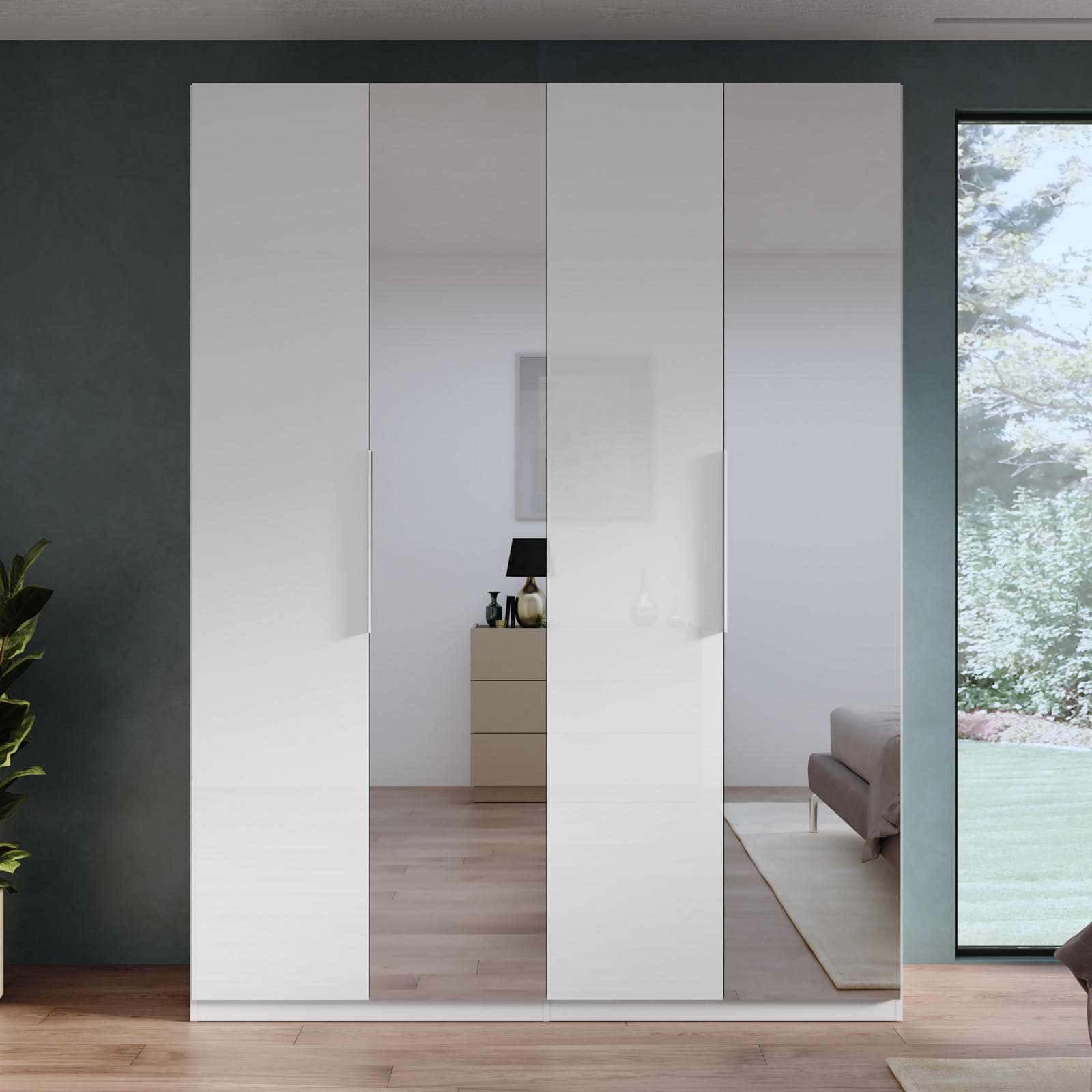 Armadio battente 183x240h cm 4 ante reversibili con 2 specchi e soft close bianco lucido - Cindy
