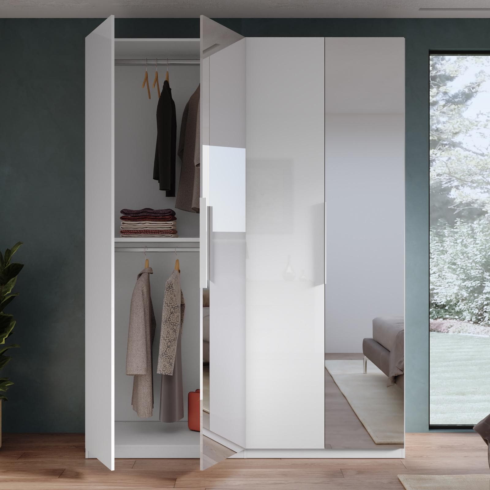 Armadio battente 183x240h cm 4 ante reversibili con 2 specchi e soft close bianco lucido - Cindy