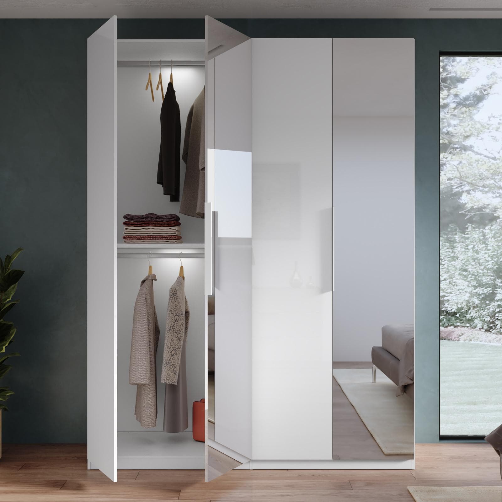 Armadio battente 183x240h cm 4 ante reversibili con 2 specchi e soft close bianco lucido - Cindy