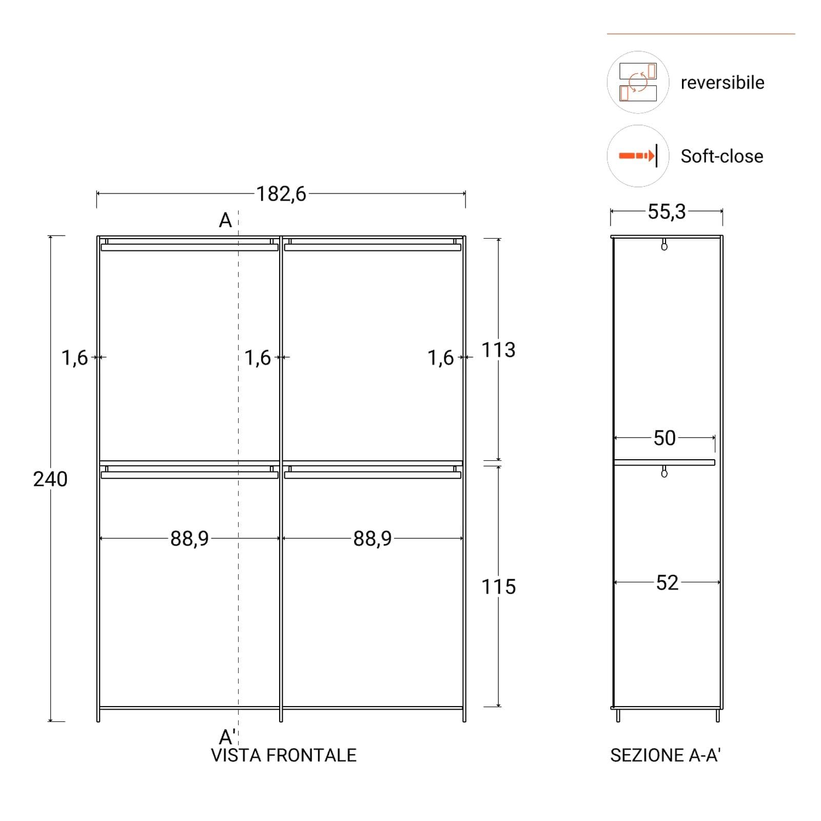 Armadio battente 183x240h cm 4 ante reversibili con soft close bronzo - Codey