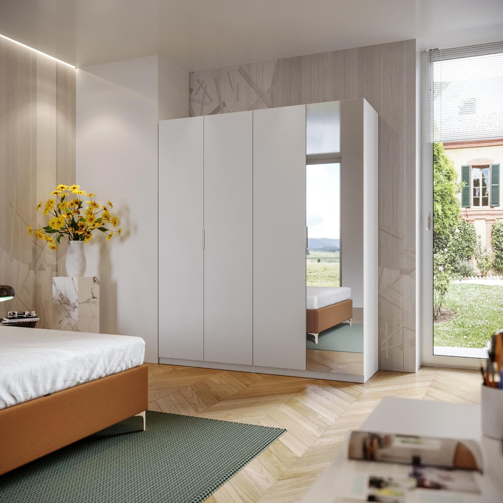 Armadio battente 200x236h cm bianco con 4 ante reversibili bianco e specchio - Ventur