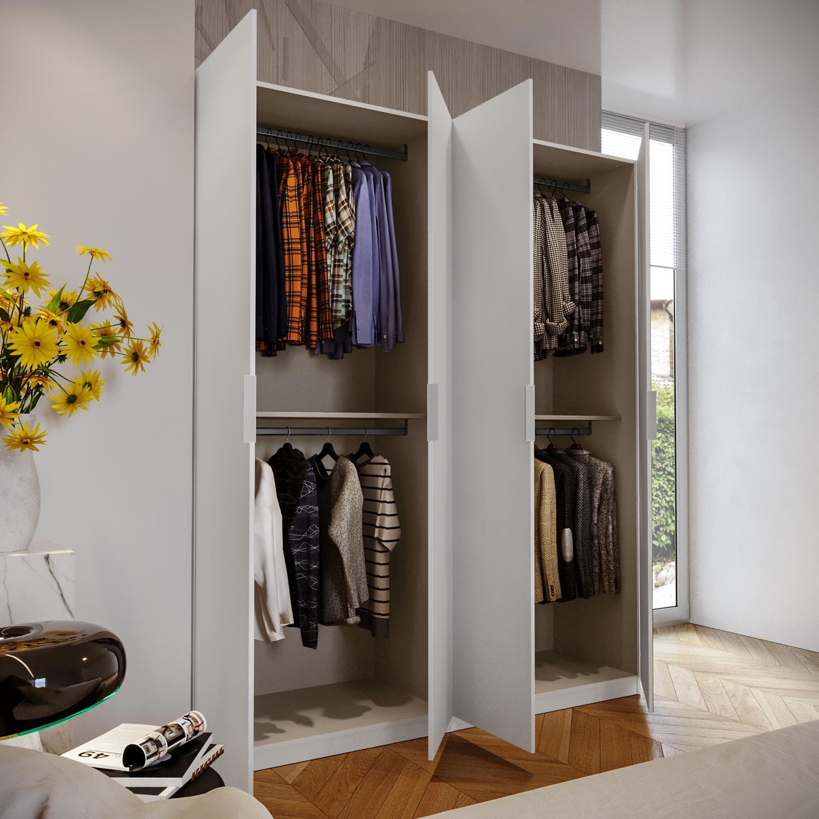 Armadio battente 200x236h cm bianco con 4 ante reversibili bianco e specchio - Ventur