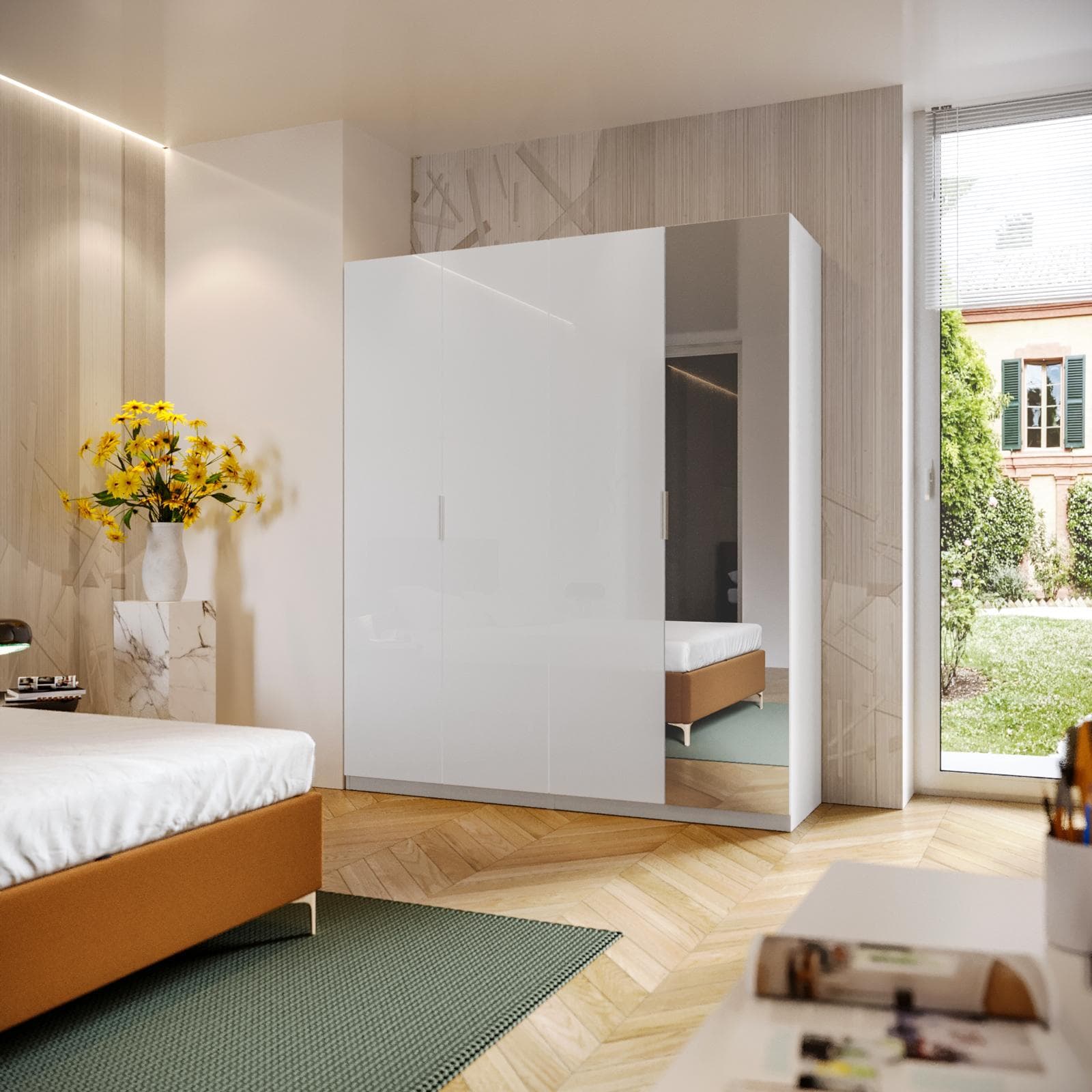VENTUR ARMADIO BATTENTE 200X58X236 CM BIANCO OPACO + 3AN BIANCO LUCIDO + 1AN SPECCHIO