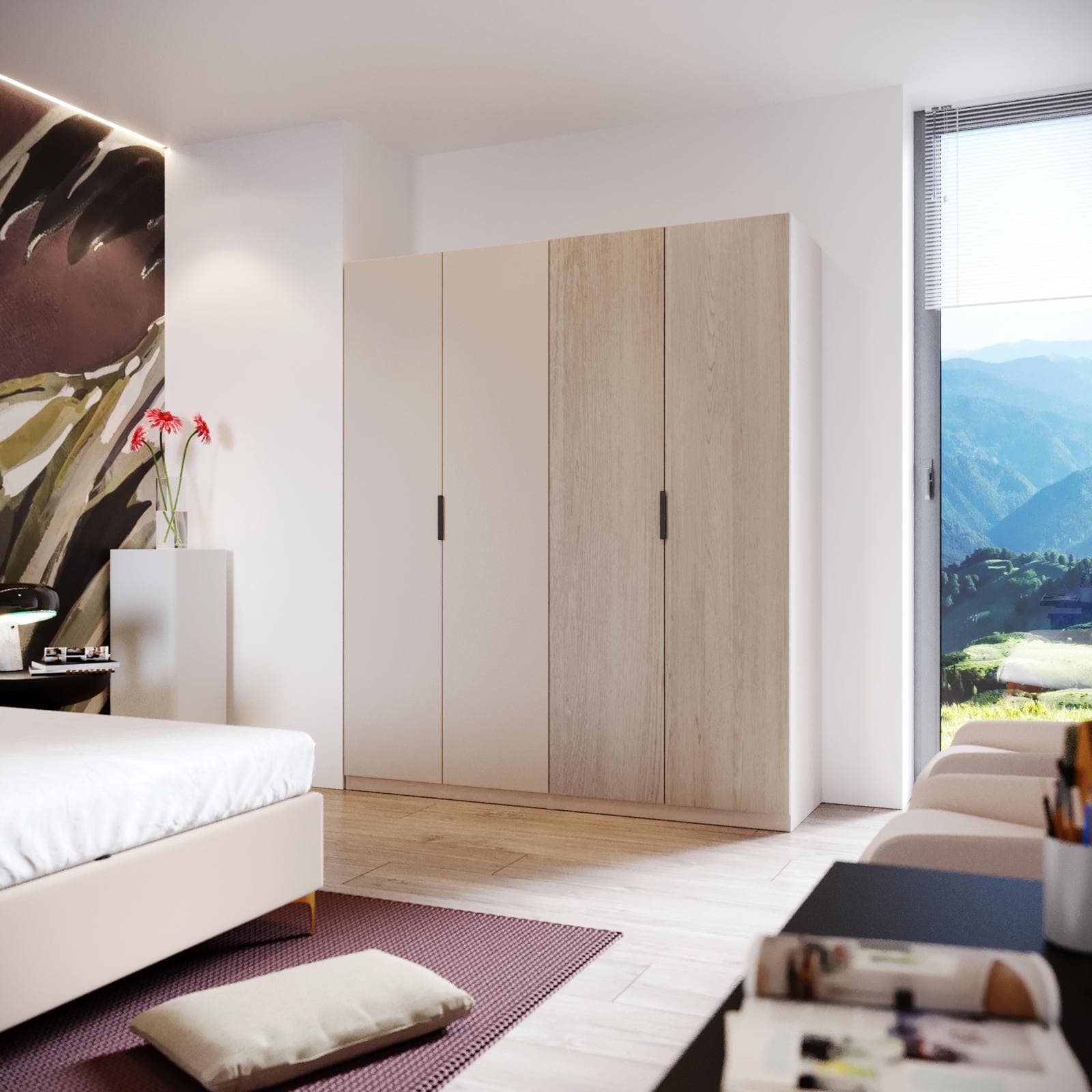 Armadio battente 200x236h cm cashmere con 4 ante reversibili cashmere e rovere gessato - Ventur
