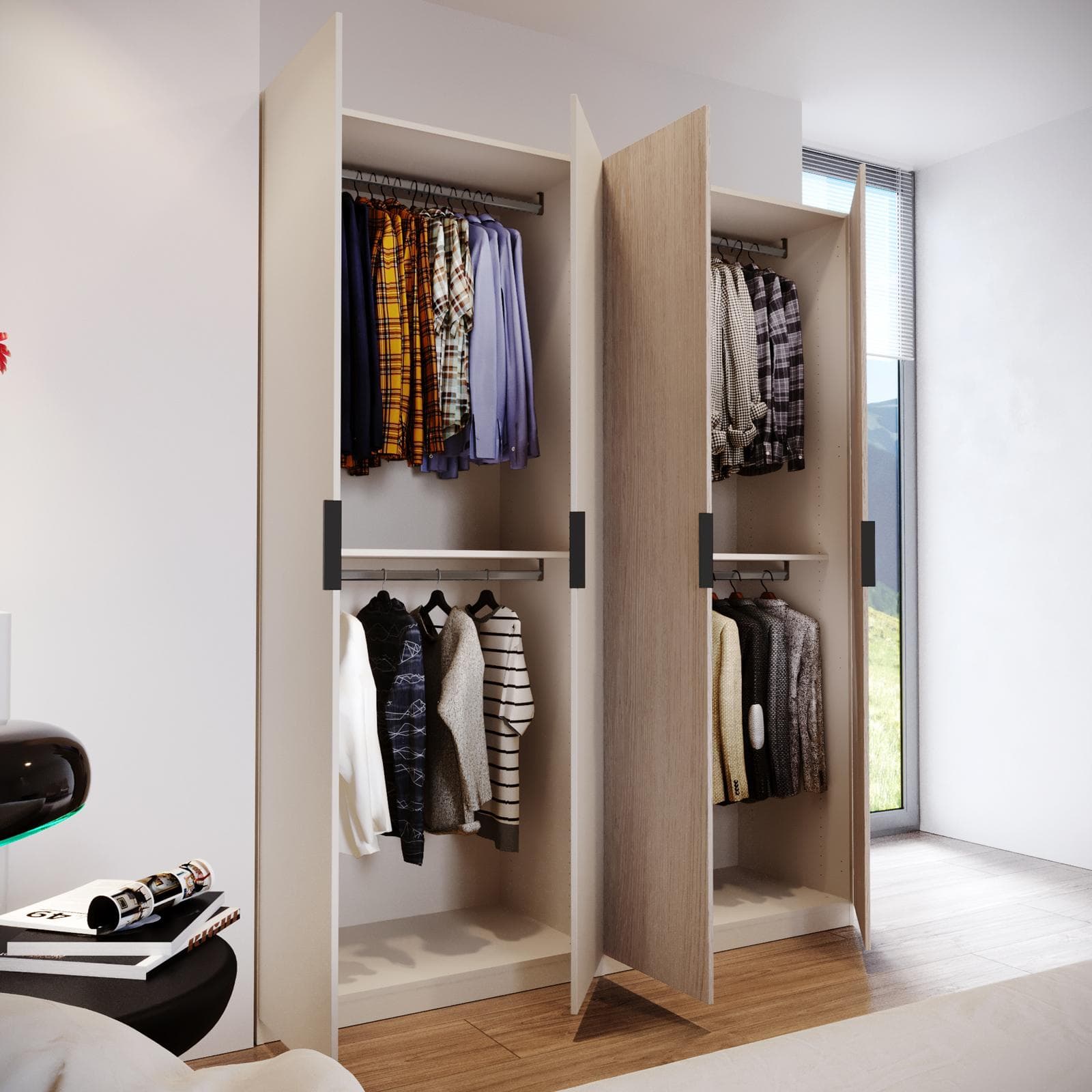Armadio battente 200x236h cm cashmere con 4 ante reversibili cashmere e rovere gessato - Ventur