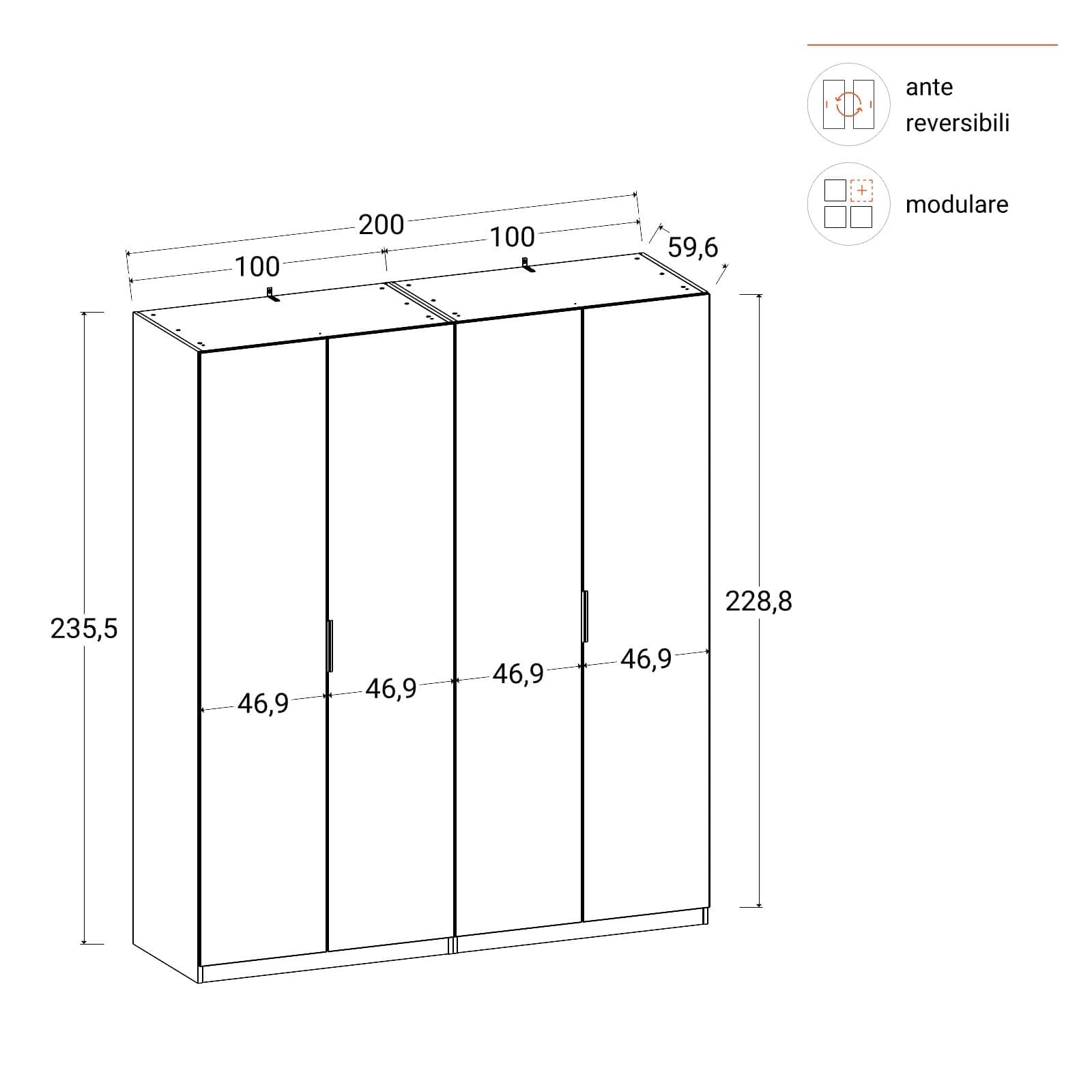 Armadio battente 200x236h cm cashmere con 4 ante reversibili cashmere - Ventur