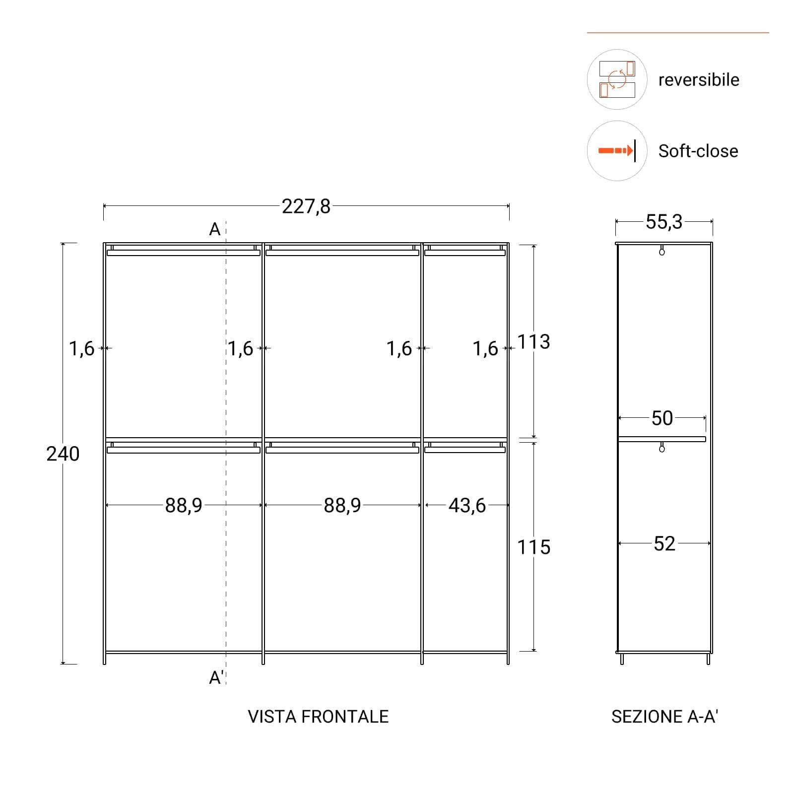 Armadio battente 228x240h cm 5 ante reversibili con soft close bronzo - Codey