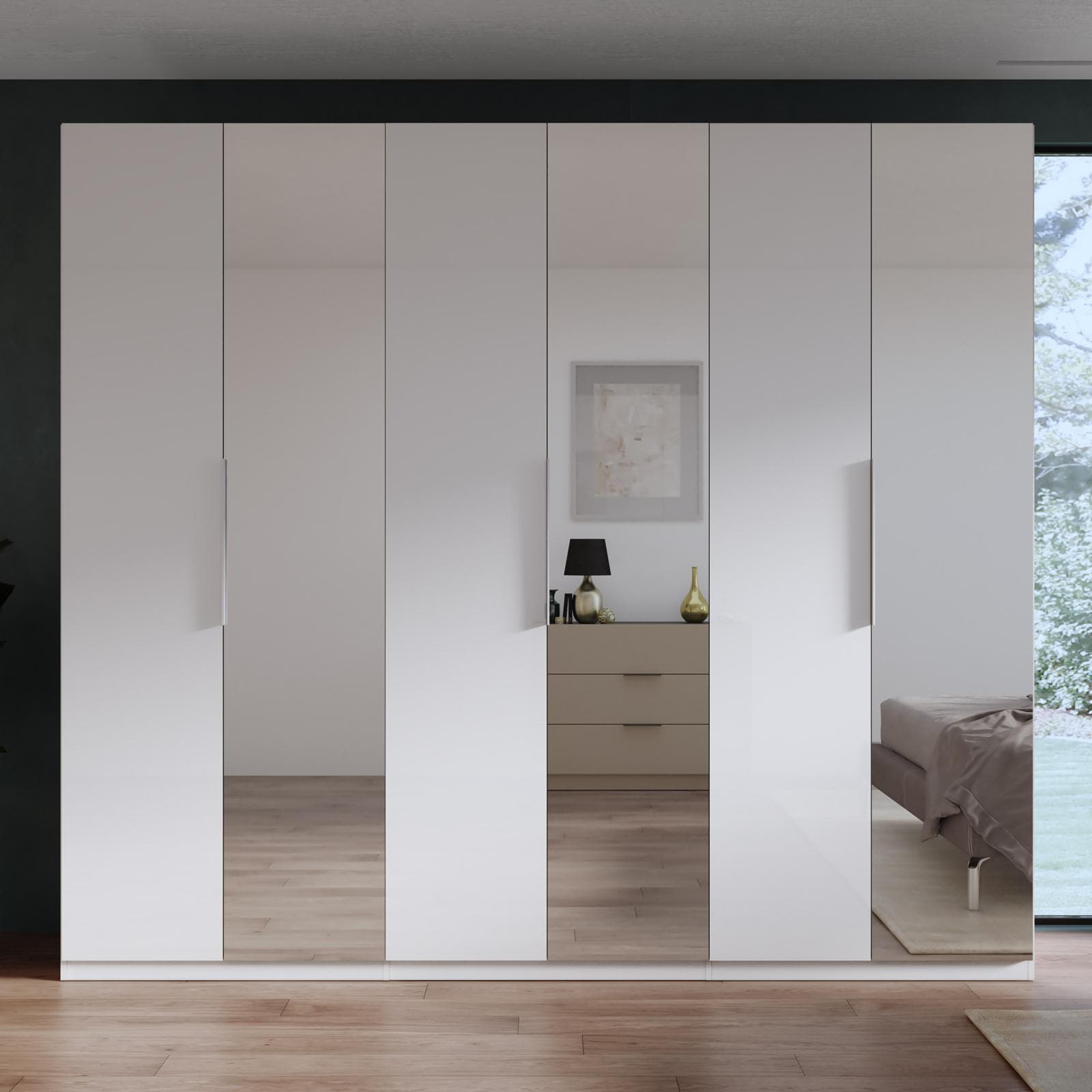 Armadio battente 273x240h cm 6 ante reversibili bianco lucido con 3 specchi e soft close- Cindy