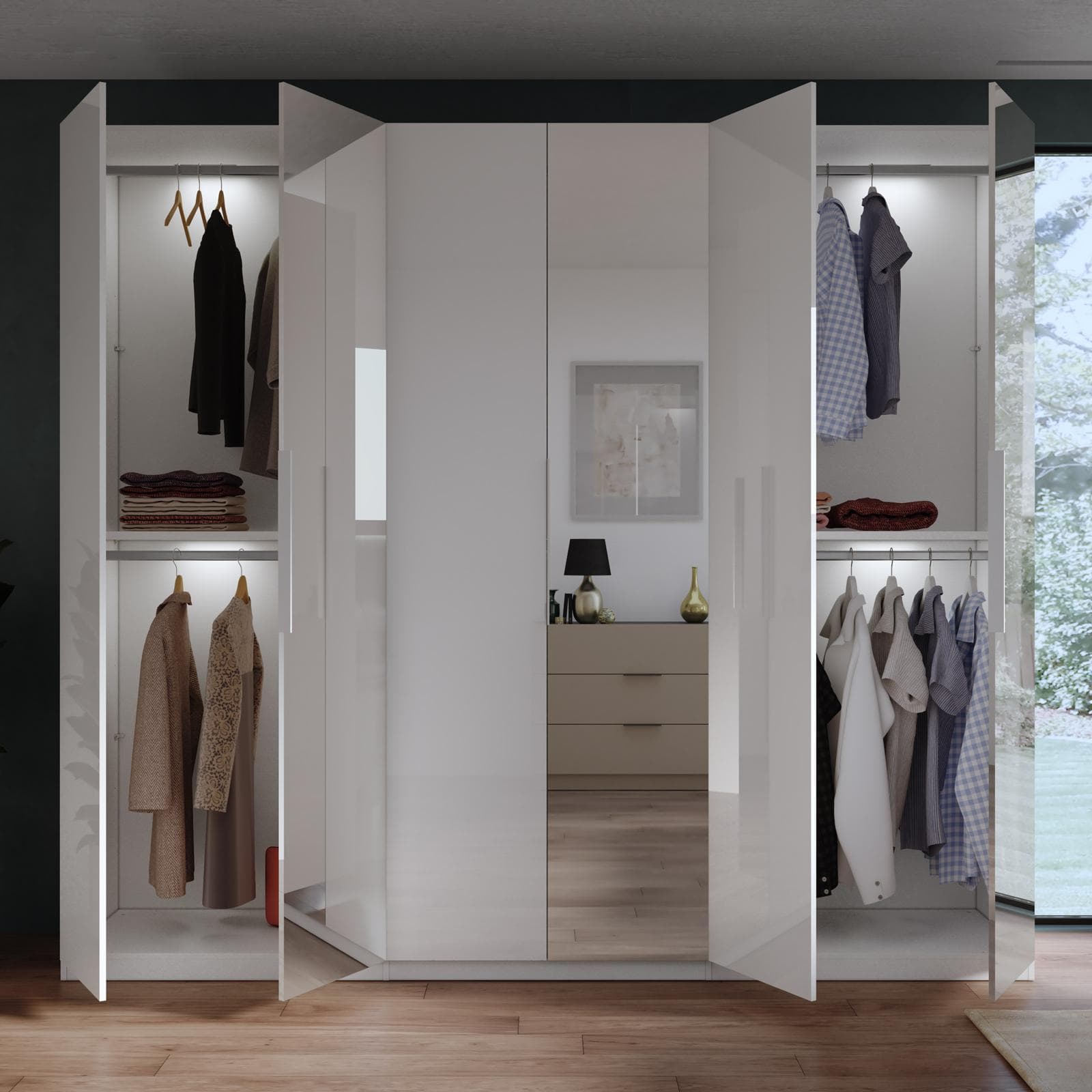 Armadio battente 273x240h cm 6 ante reversibili bianco lucido con 3 specchi e soft close- Cindy