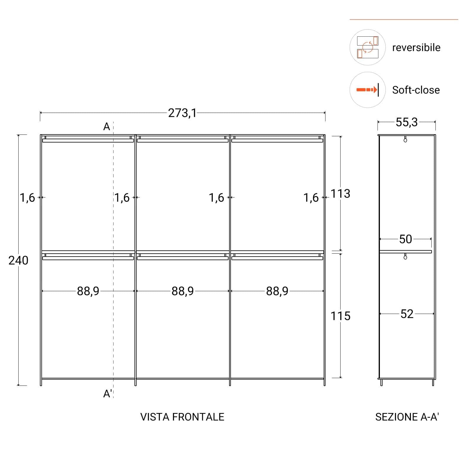 Armadio battente 273x240h cm 6 ante reversibili bianco lucido con 3 specchi e soft close- Cindy