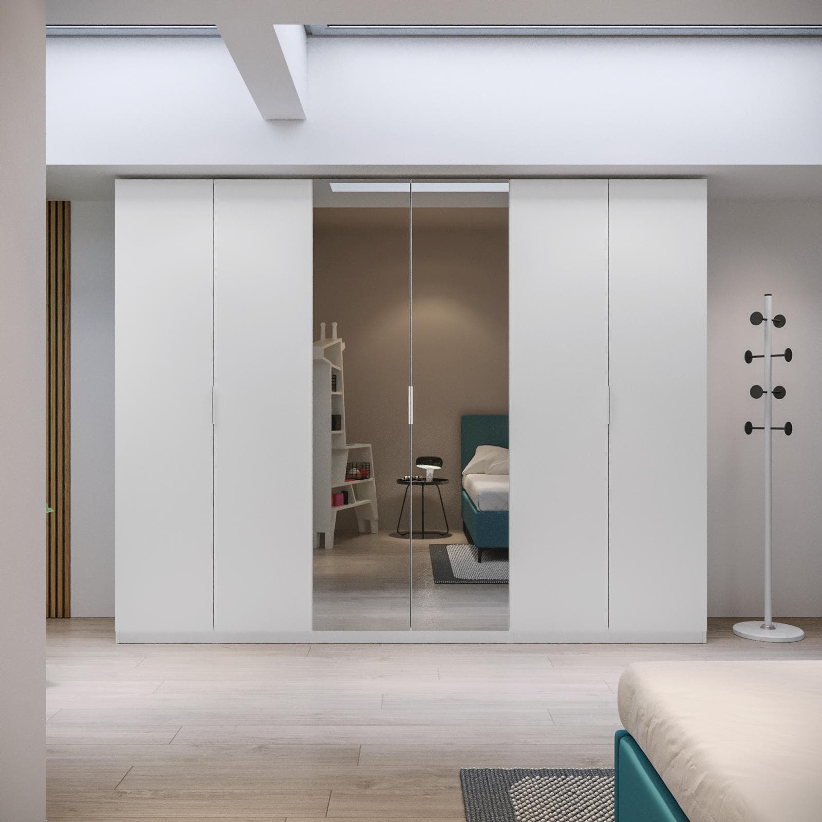 Armadio battente 300x236h cm bianco con 6 ante reversibili bianco e specchio - Ventur