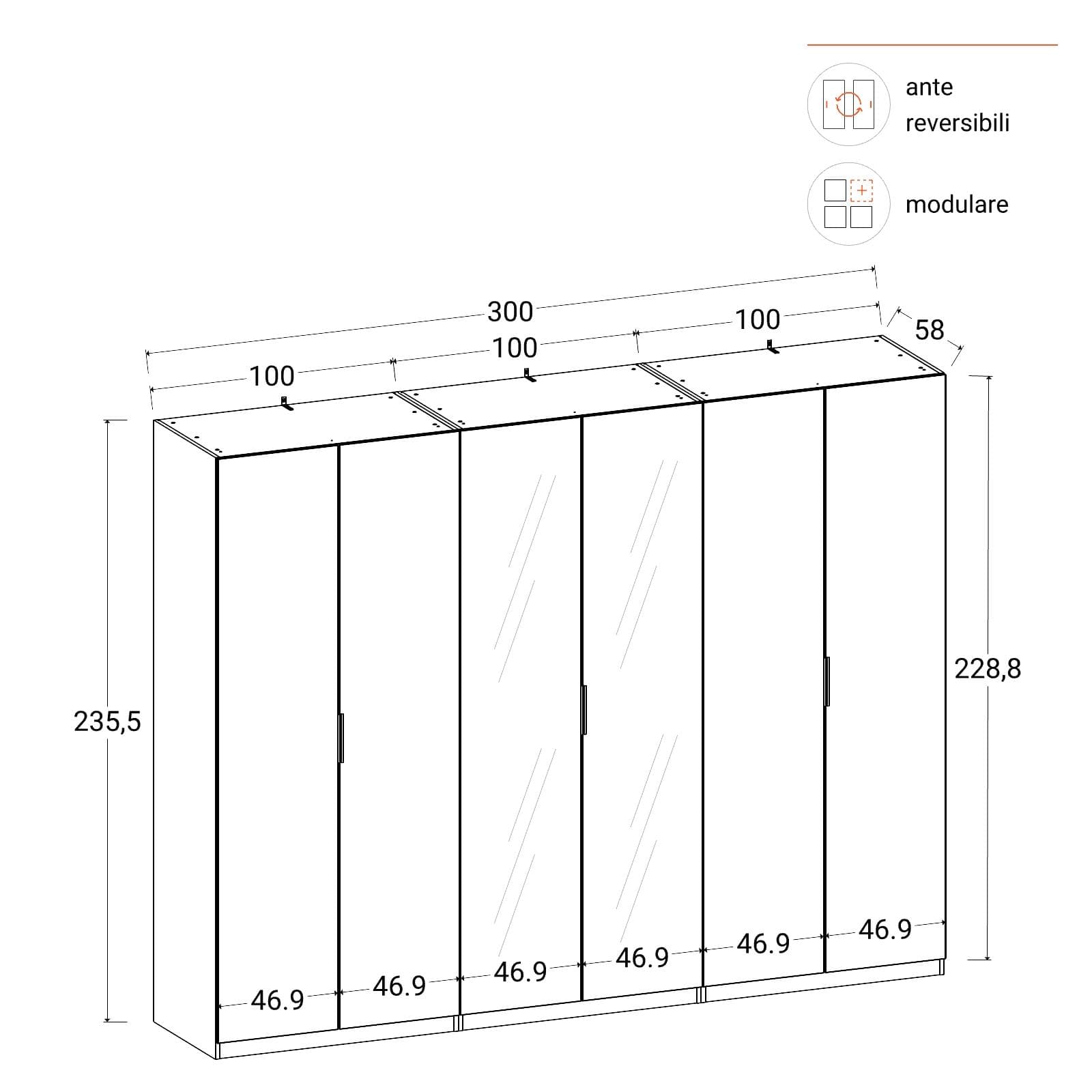 Armadio battente 300x236h cm bianco con 6 ante reversibili bianco e specchio - Ventur