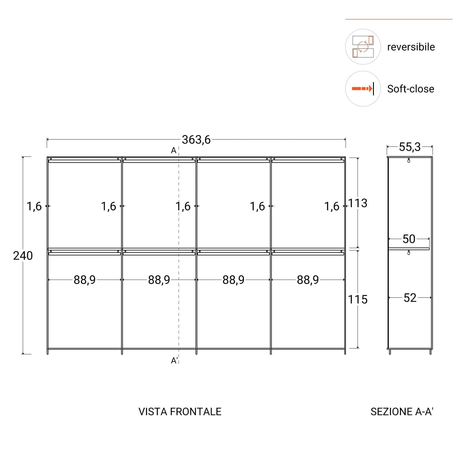 Armadio battente 364x240h cm 8 ante reversibili con soft close bronzo - Codey