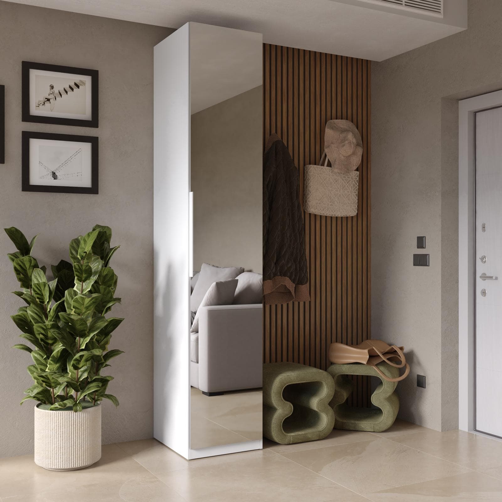 Cappottiera 47x240h cm 1 anta reversibile con specchio e soft close bianco - Cindy