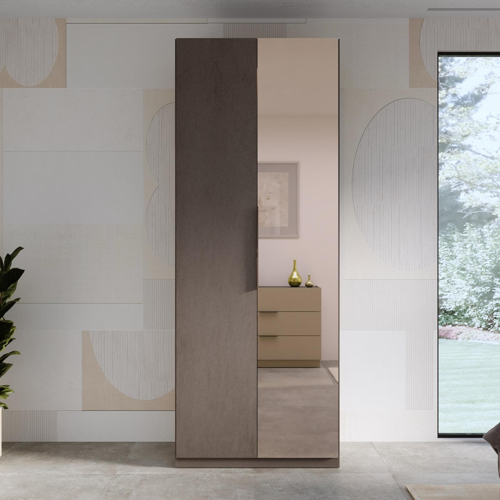 Armadio battente 92x240h cm 2 ante reversibili con 1 specchio bronzato e soft close bronzo - Codey