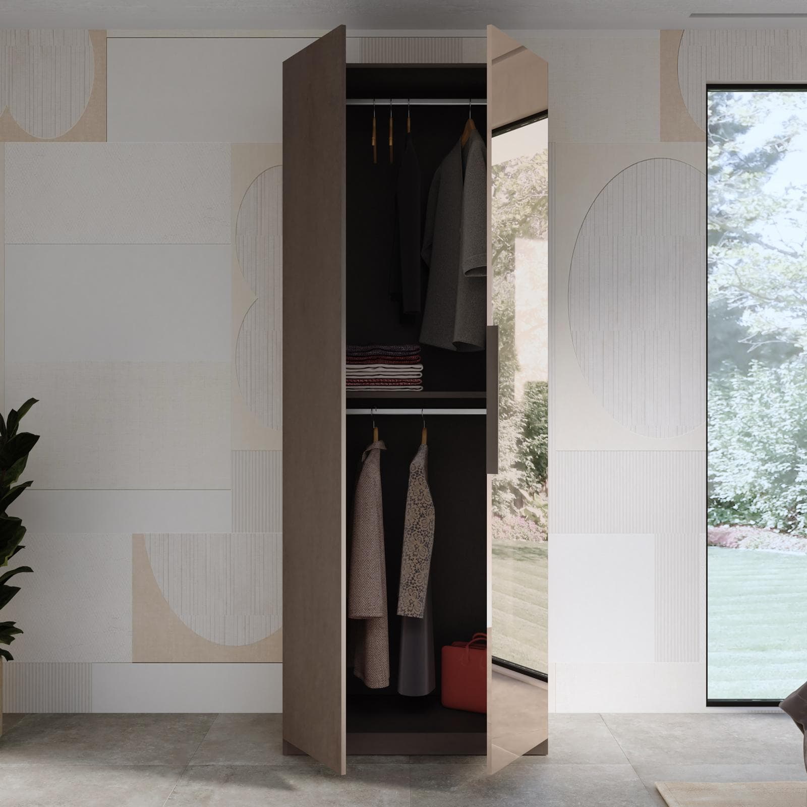 Armadio battente 92x240h cm 2 ante reversibili con 1 specchio bronzato e soft close bronzo - Codey